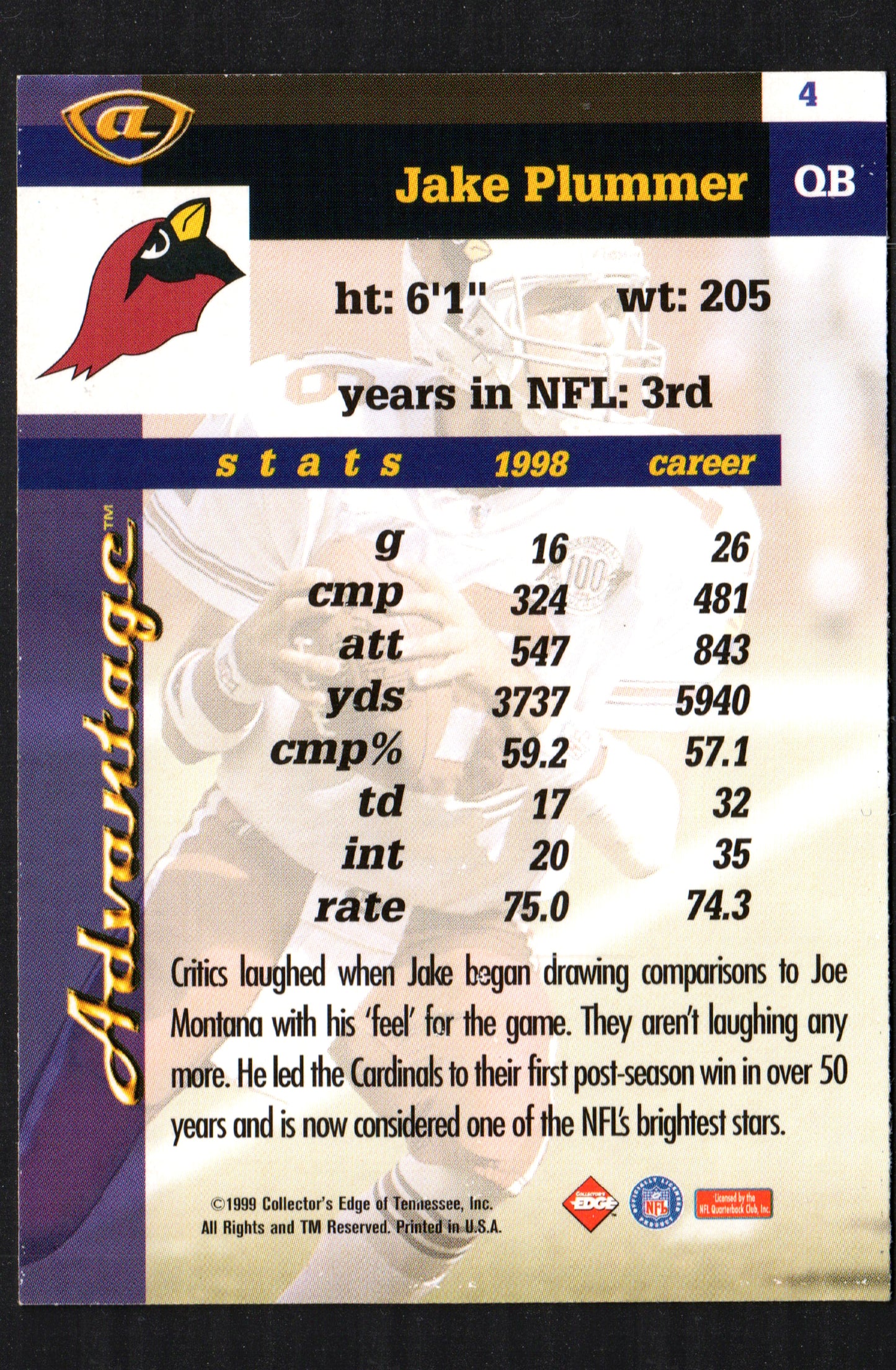 Jake Plummer Arizona Cardinals #4 - 1999 Collector's Edge Advantage