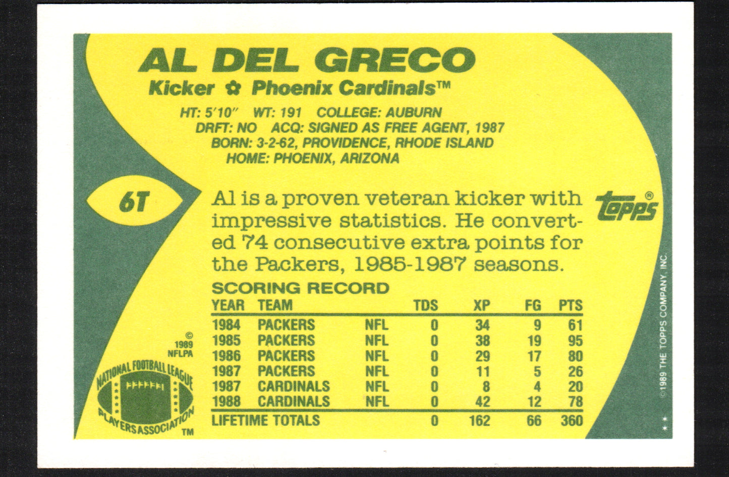 Al Del Greco Phoenix Cardinals #6T - 1989 Topps