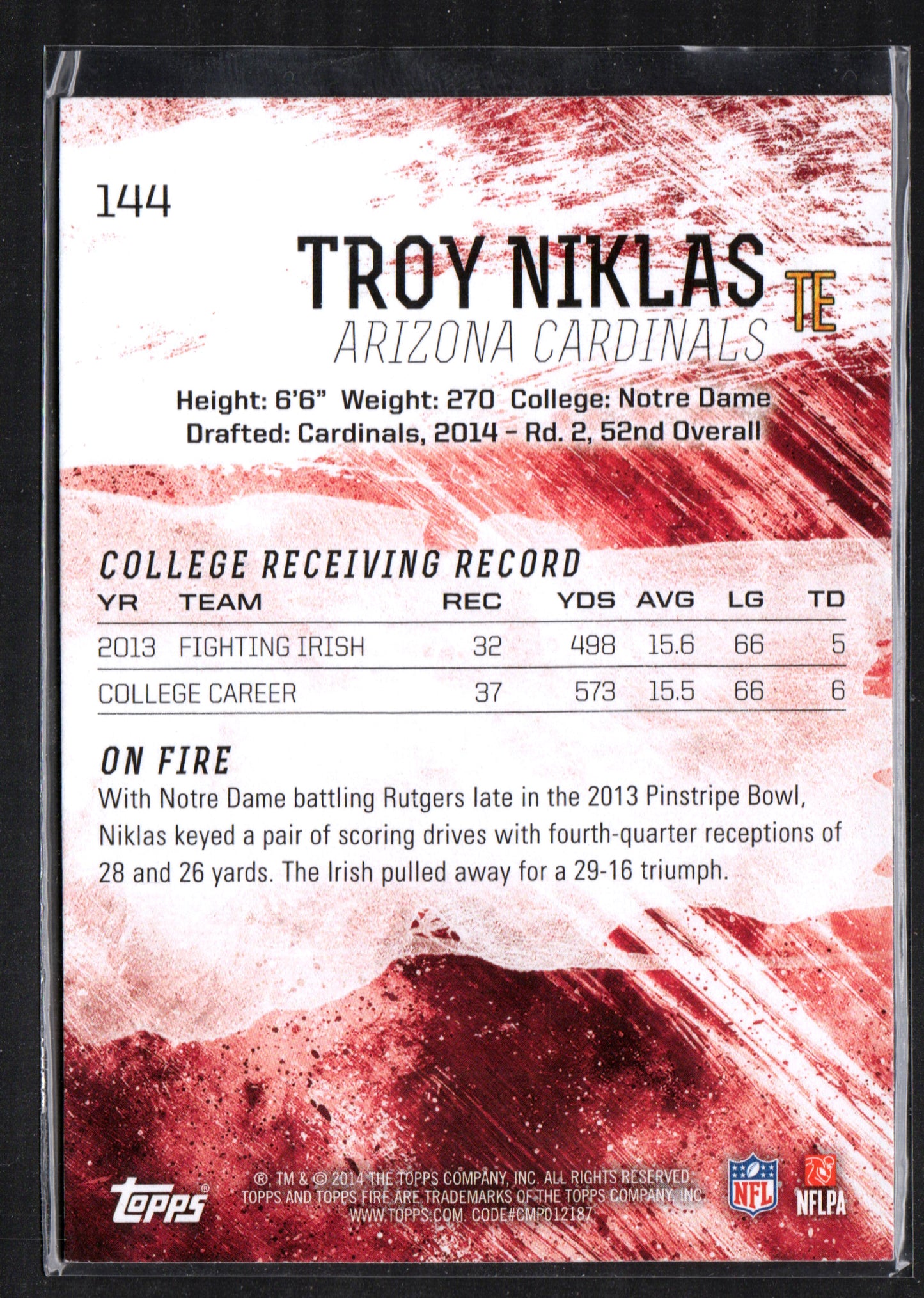 Troy Niklas Arizona Cardinals #144 - 2014 Topps Fire Flame