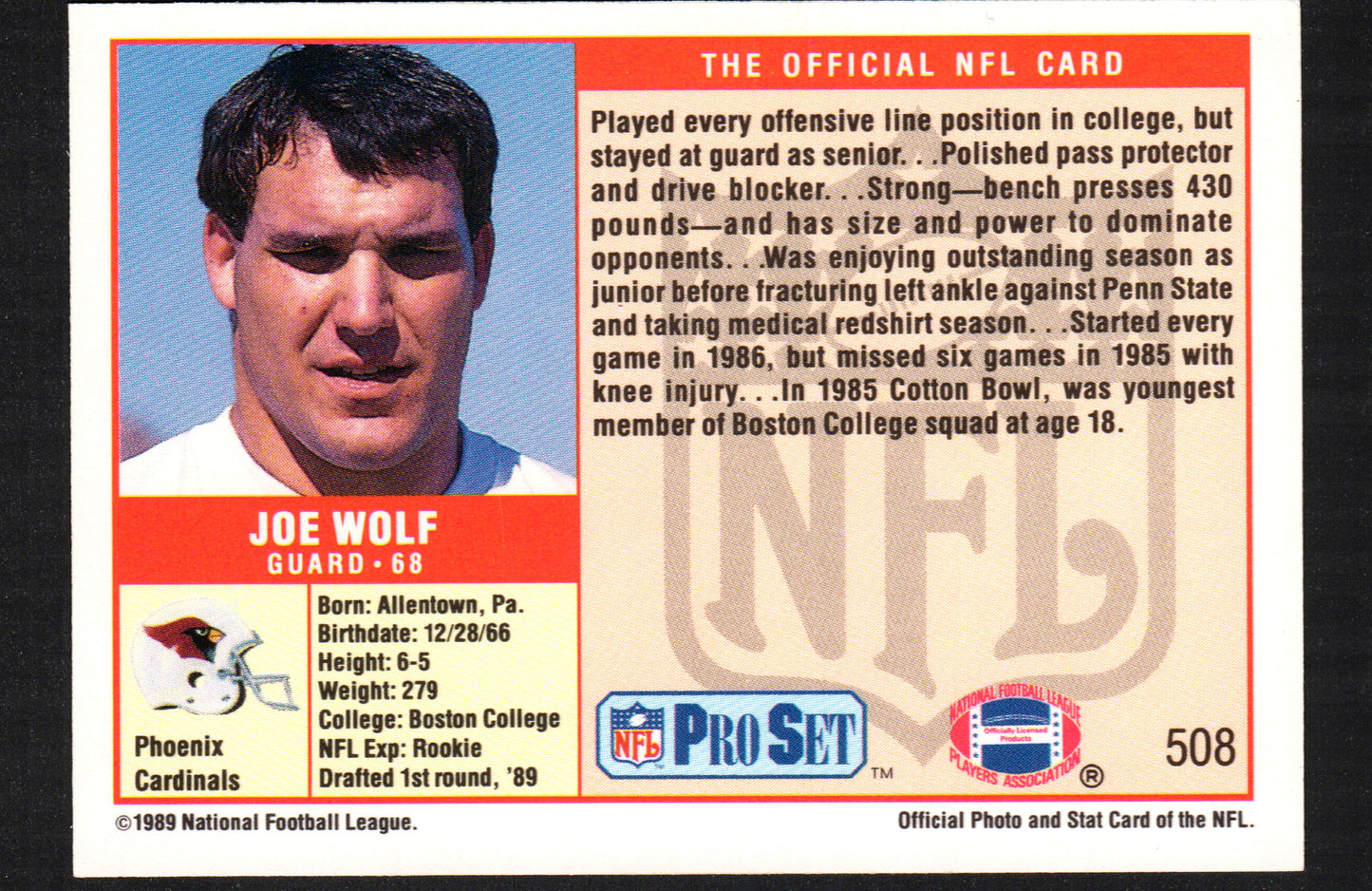 Joe Wolf Phoenix Cardinals #508 - 1989 Pro Set