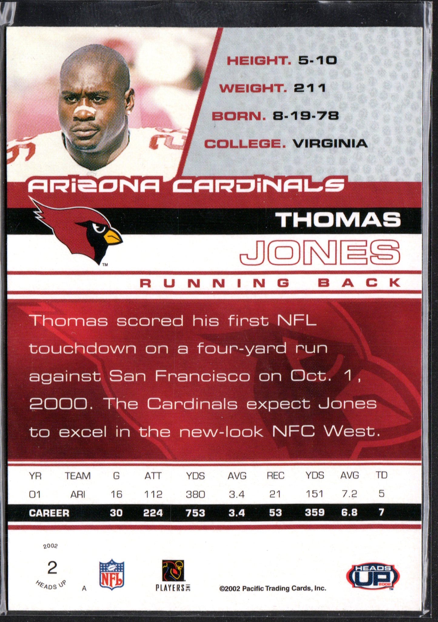 Thomas Jones Arizona Cardinals #2 - 2002 Heads Up