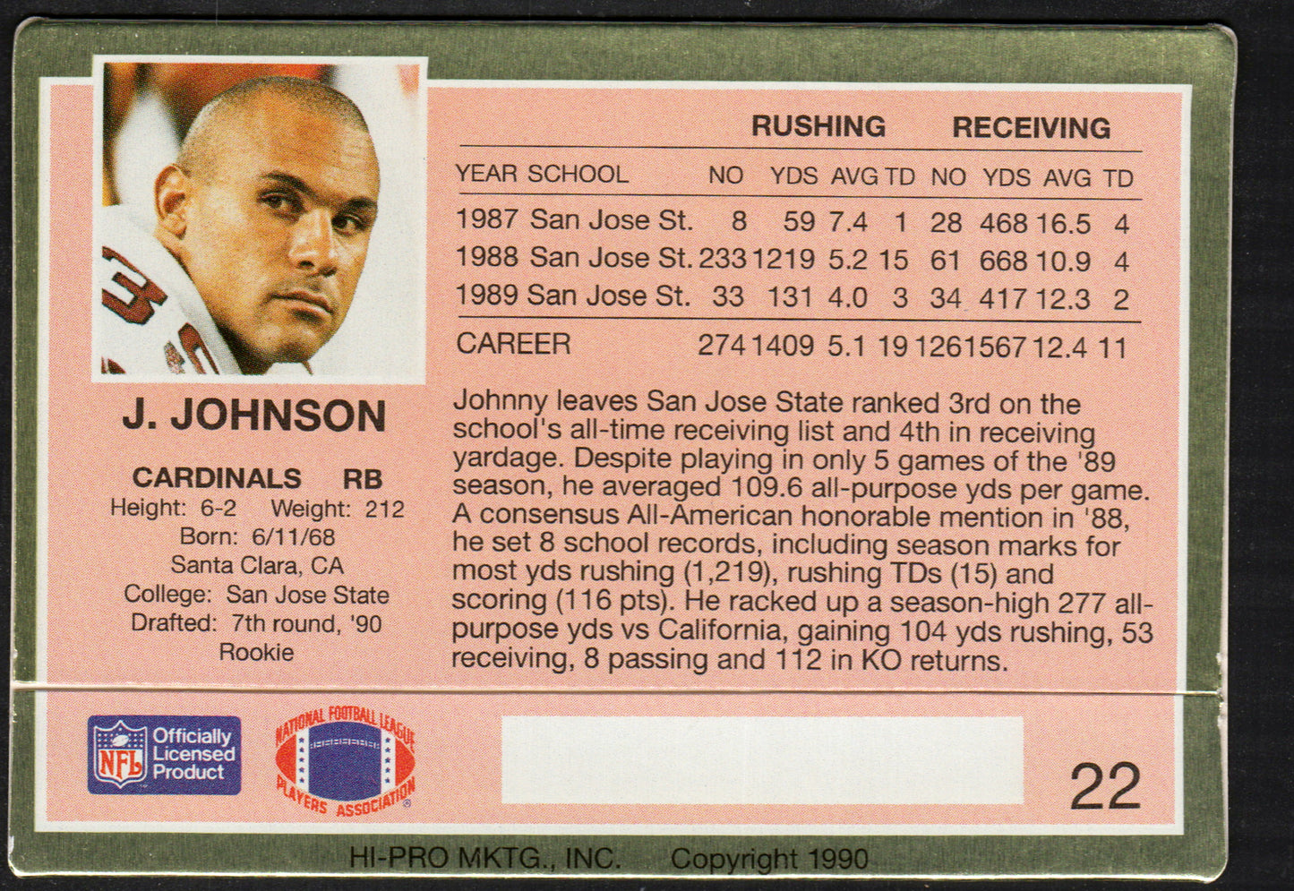 Johnny Johnson Phoenix Cardinals #22 - 1990 Action Packed