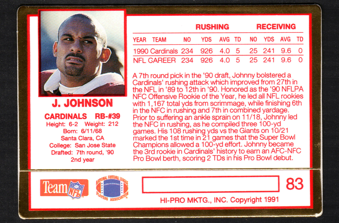 Johnny Johnson Phoenix Cardinals #83 - 1991 Action Packed