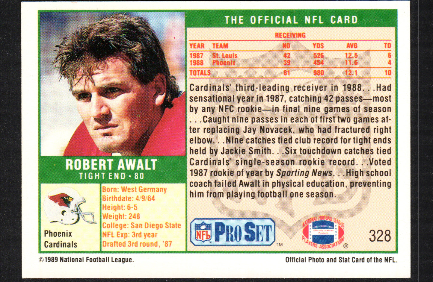 Robert Awalt Phoenix Cardinals #328 - 1989 Pro Set