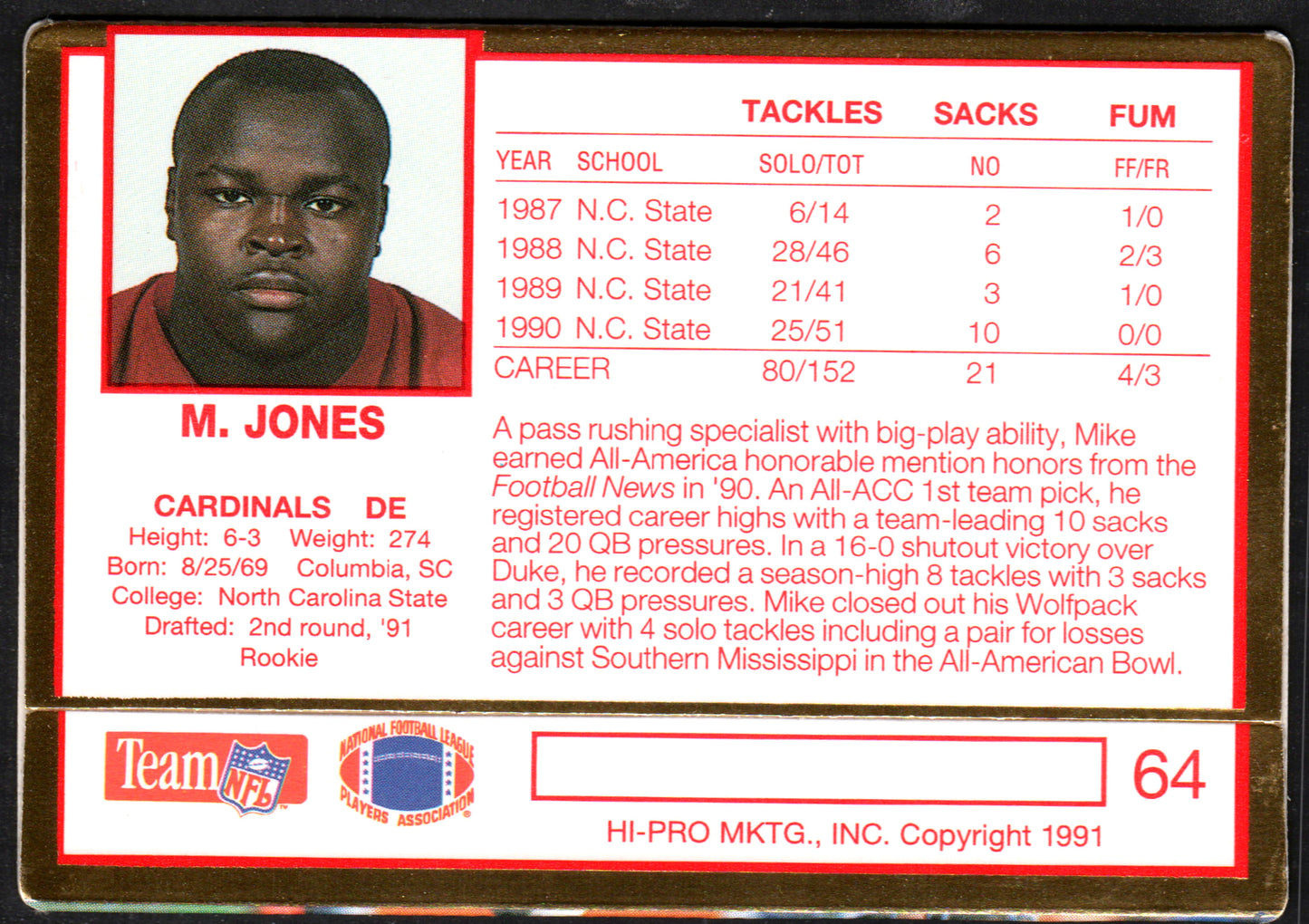 Mike Jones Phoenix Cardinals #64 - 1991 Action Packed