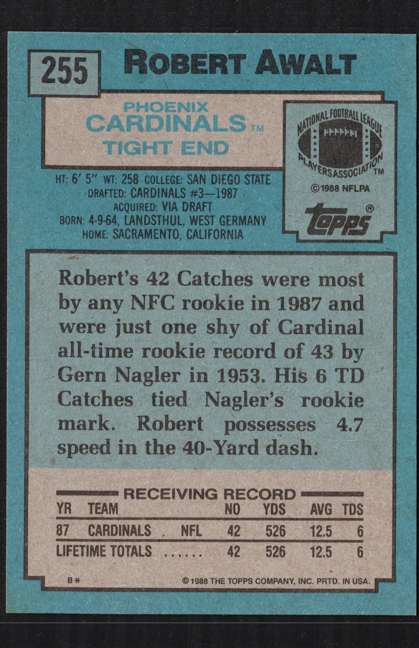 Robert Awalt Phoenix Cardinals #255 - 1988 Topps