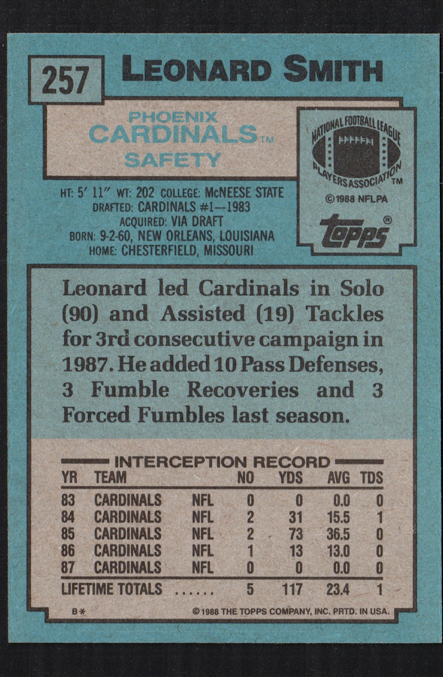 Leonard Smith Phoenix Cardinals #257 - 1988 Topps