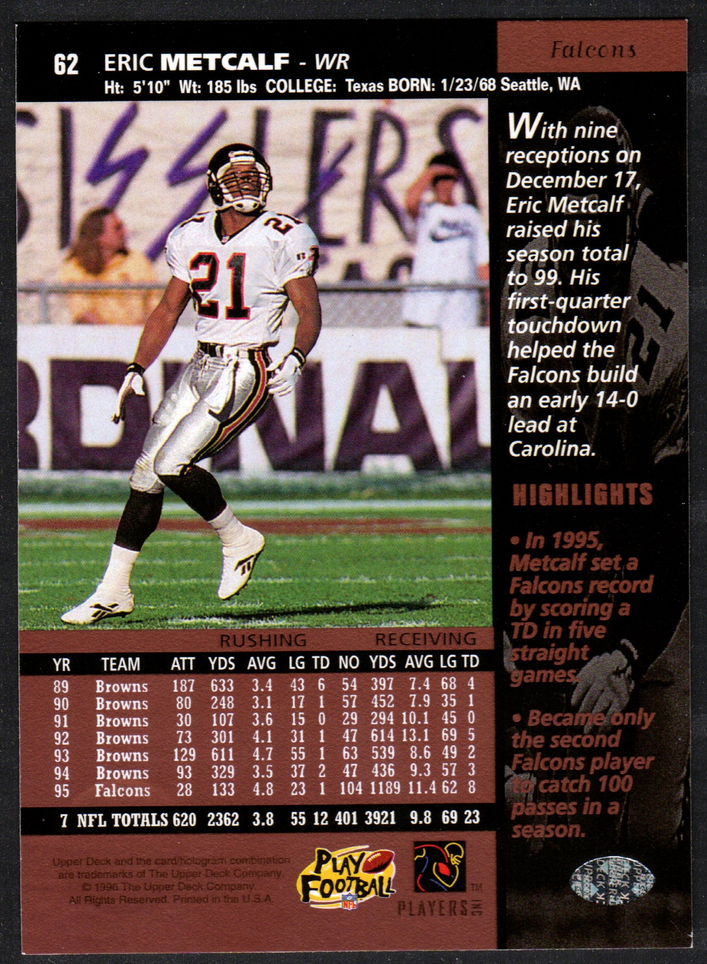 Eric Metcalf Atlanta Falcons #62 - 1996 Upper Deck