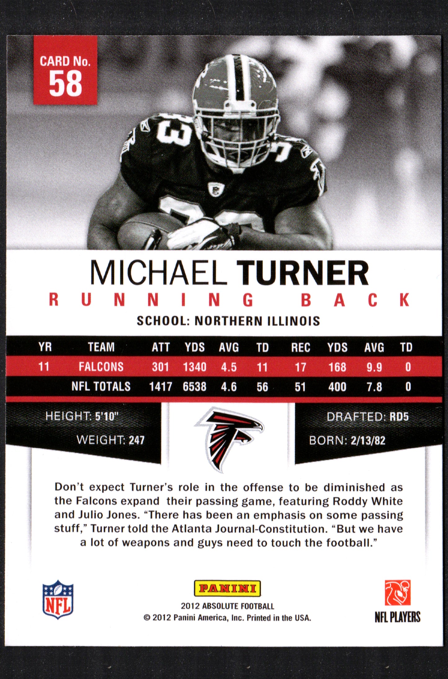 Michael Turner Atlanta Falcons #58 - 2012 Panini Absolute Football