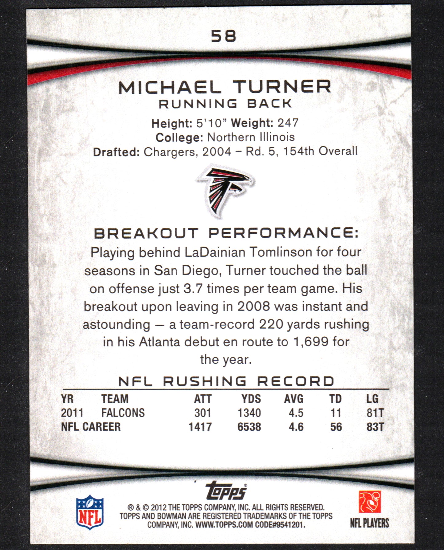 Michael Turner Atlanta Falcons #58 2012 Bowman