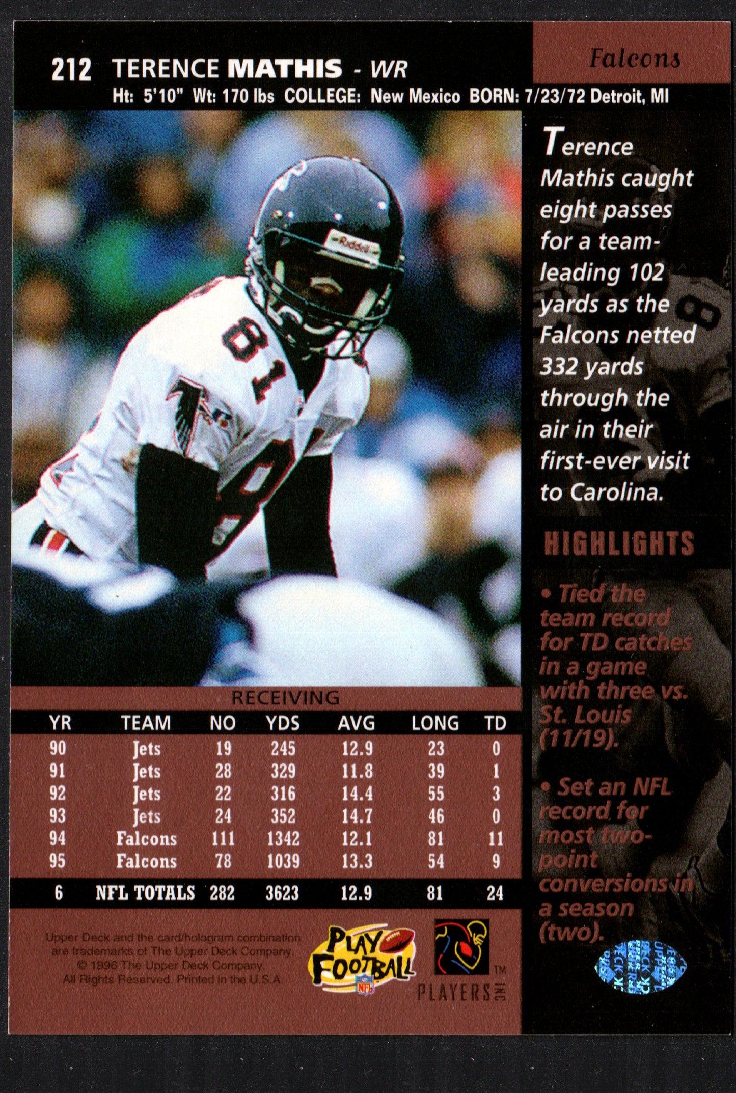 Terance Mathis Atlanta Falcons #212 - 1996 Upper Deck