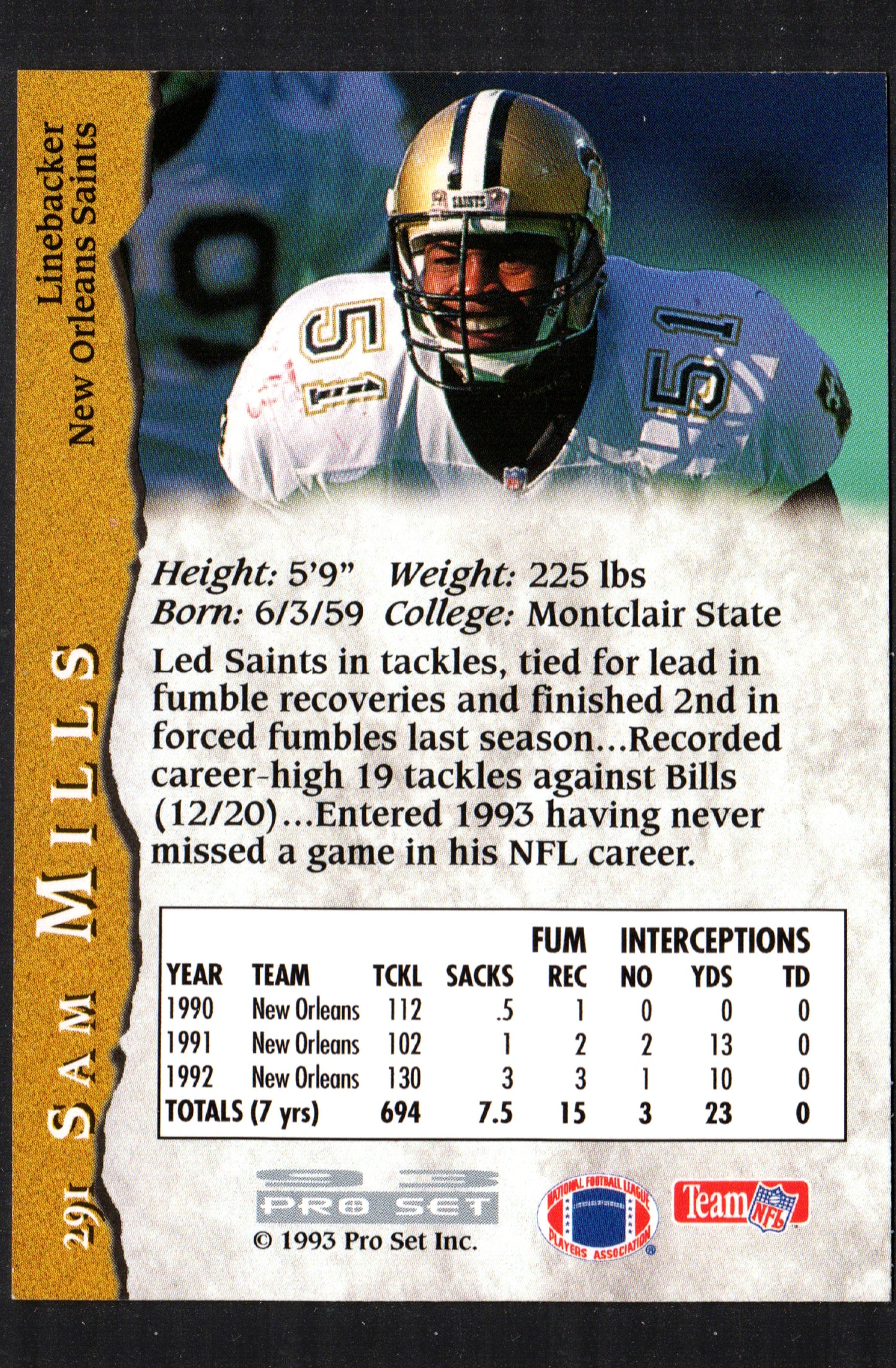 Sam Mills New Orleans Saints #291 - 1993 Pro Set