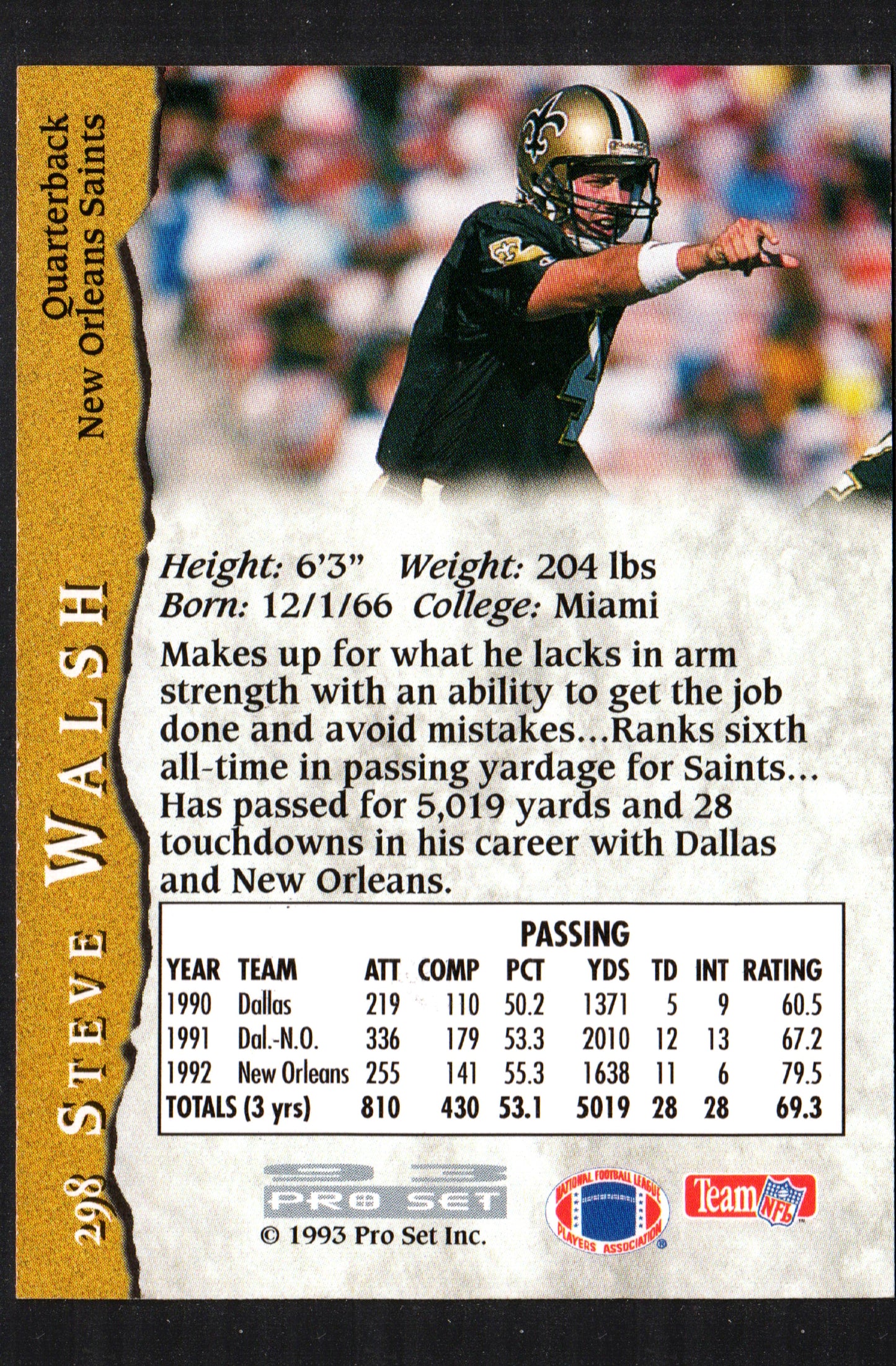 Steve Walsh New Orleans Saints #298 - 1993 Pro Set