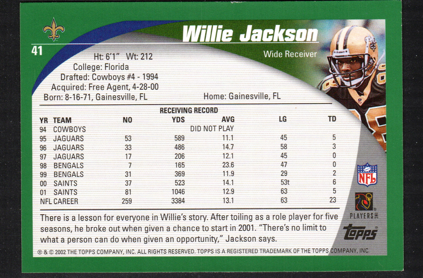 Willie Jackson New Orleans Saints #41 - 2002 Topps