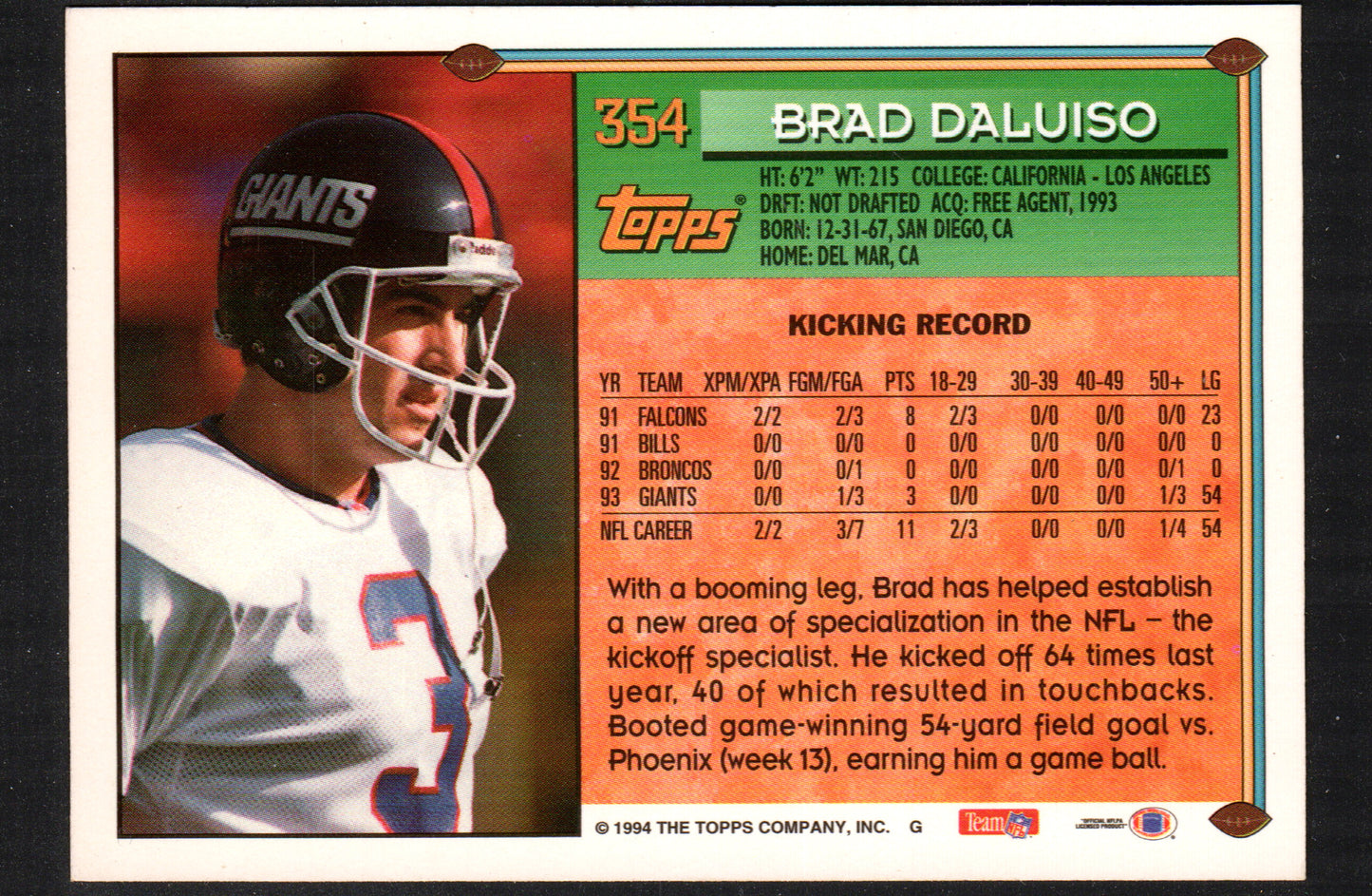 Brad Daluiso New York Giants #354 - 1994 Topps