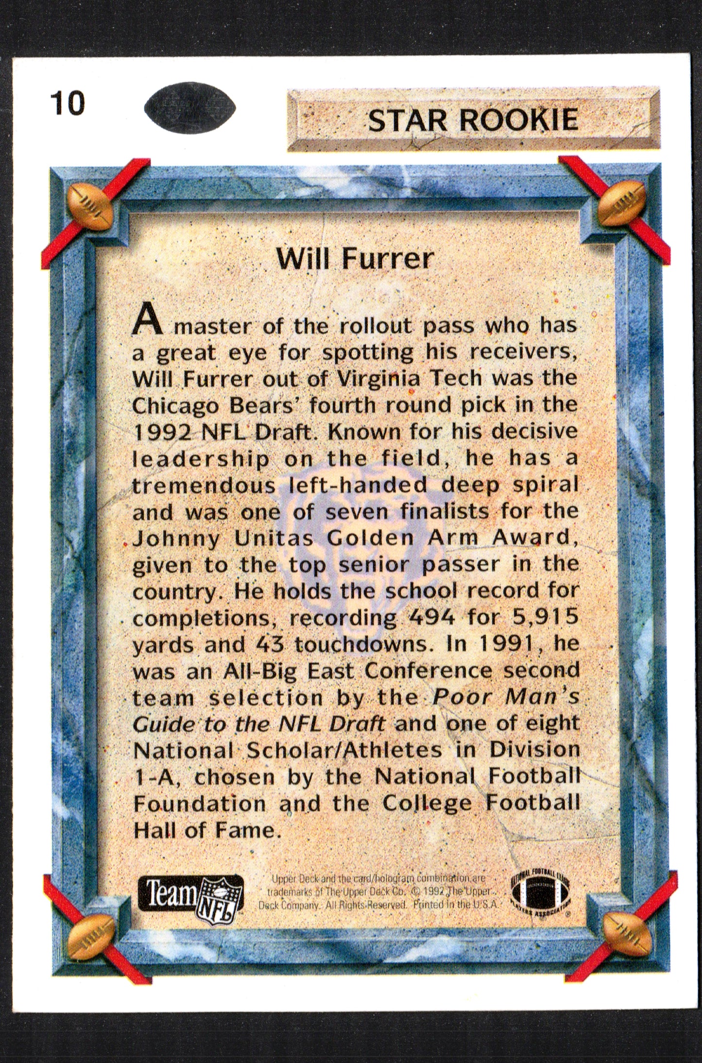Will Furrer Chicago Bears #10 - 1992 Upper Deck