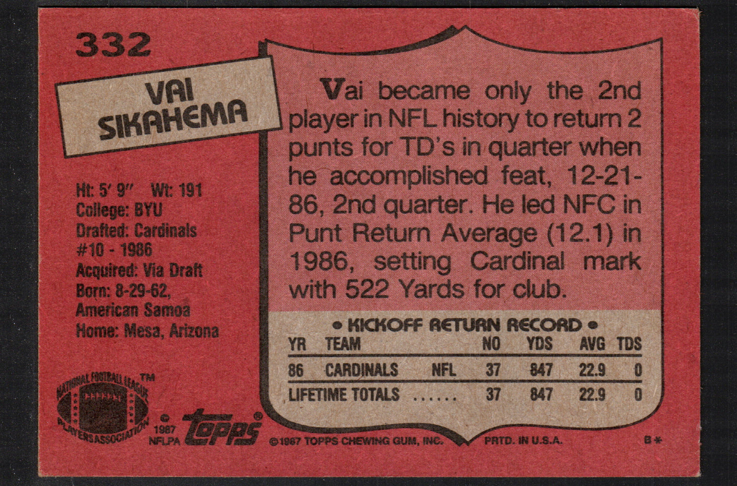 Vai Sikahema St. Louis Cardinals #332 - 1987 Topps