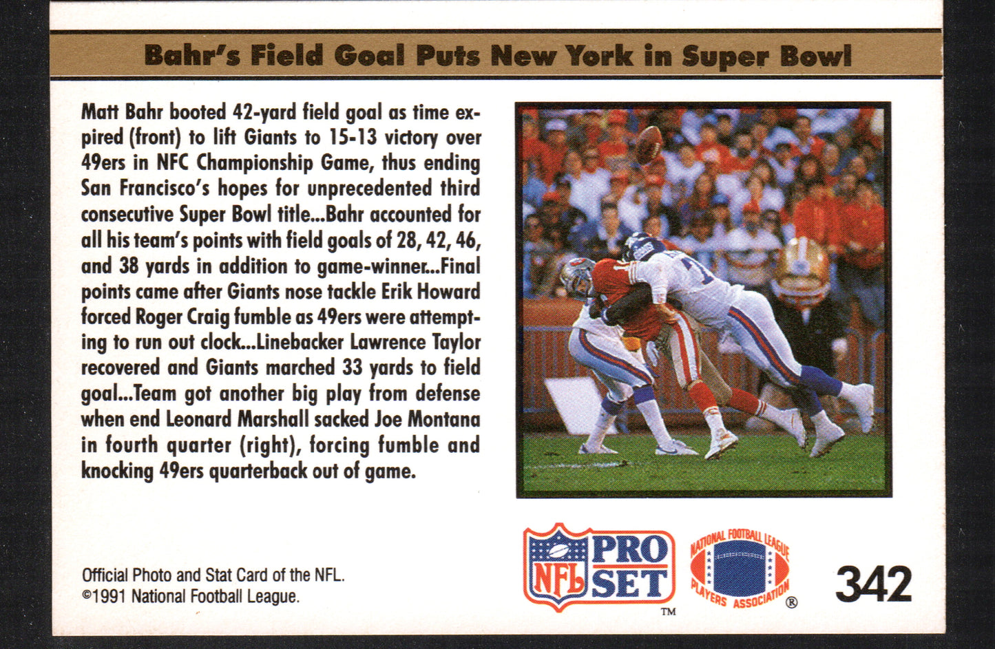 1990 Replay Giants End 49ers' Reign Matt Bahr New York Giants / San Francisco 49ers #342  - 1991 Pro Set