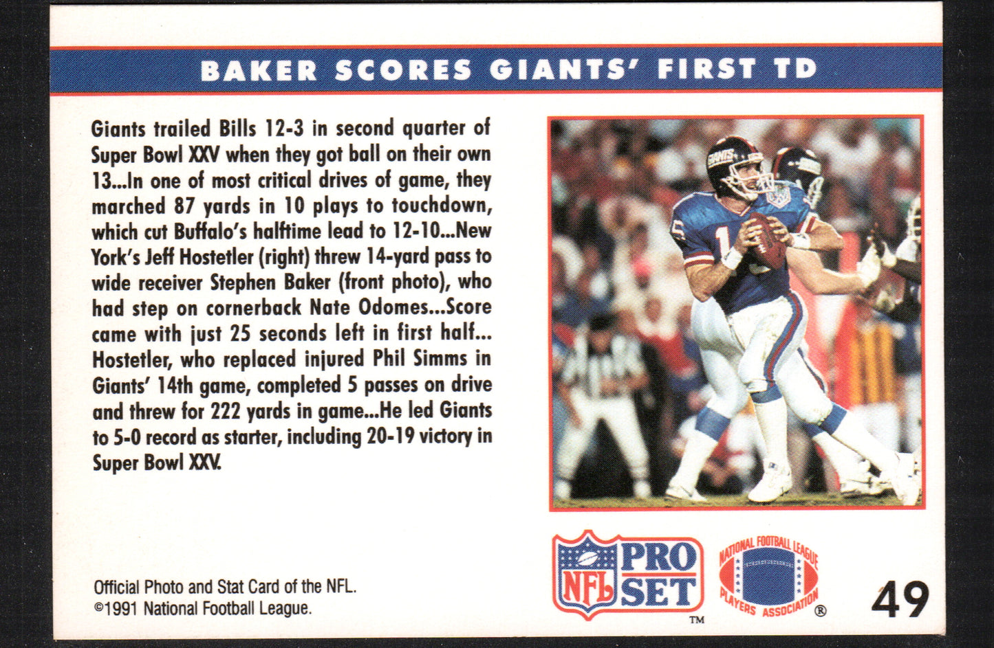 Super Bowl XXV Replay Stephen Baker New York Giants / Buffalo Bills #49 - 1991 Pro Set