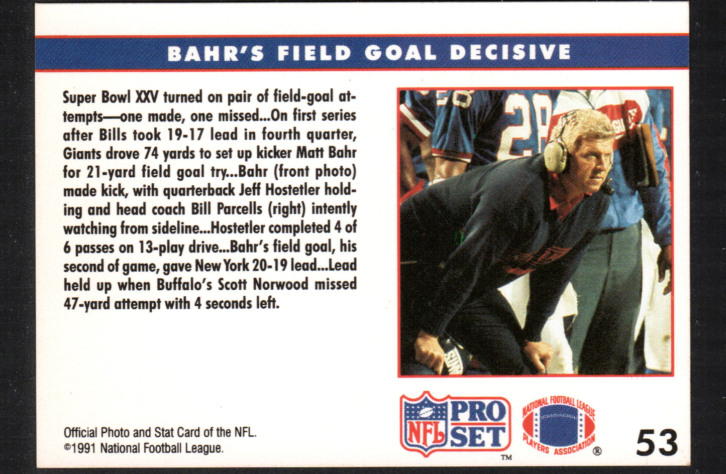 Super Bowl XXV Replay Matt Bahr New York Giants / Buffalo Bills #53 - 1991 Pro Set