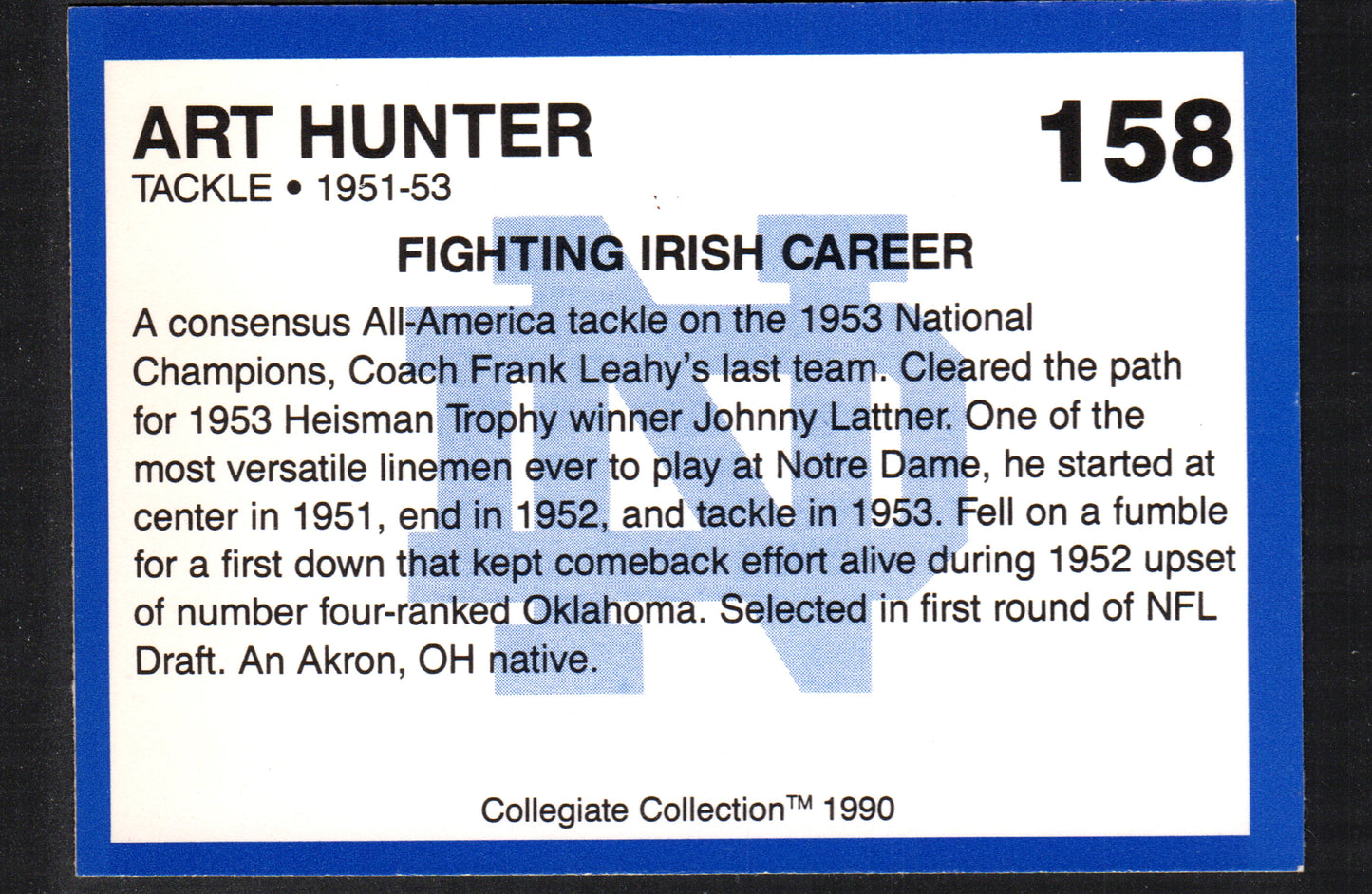 Art Hunter Notre Dame #158 - 1990 Collegiate Collection