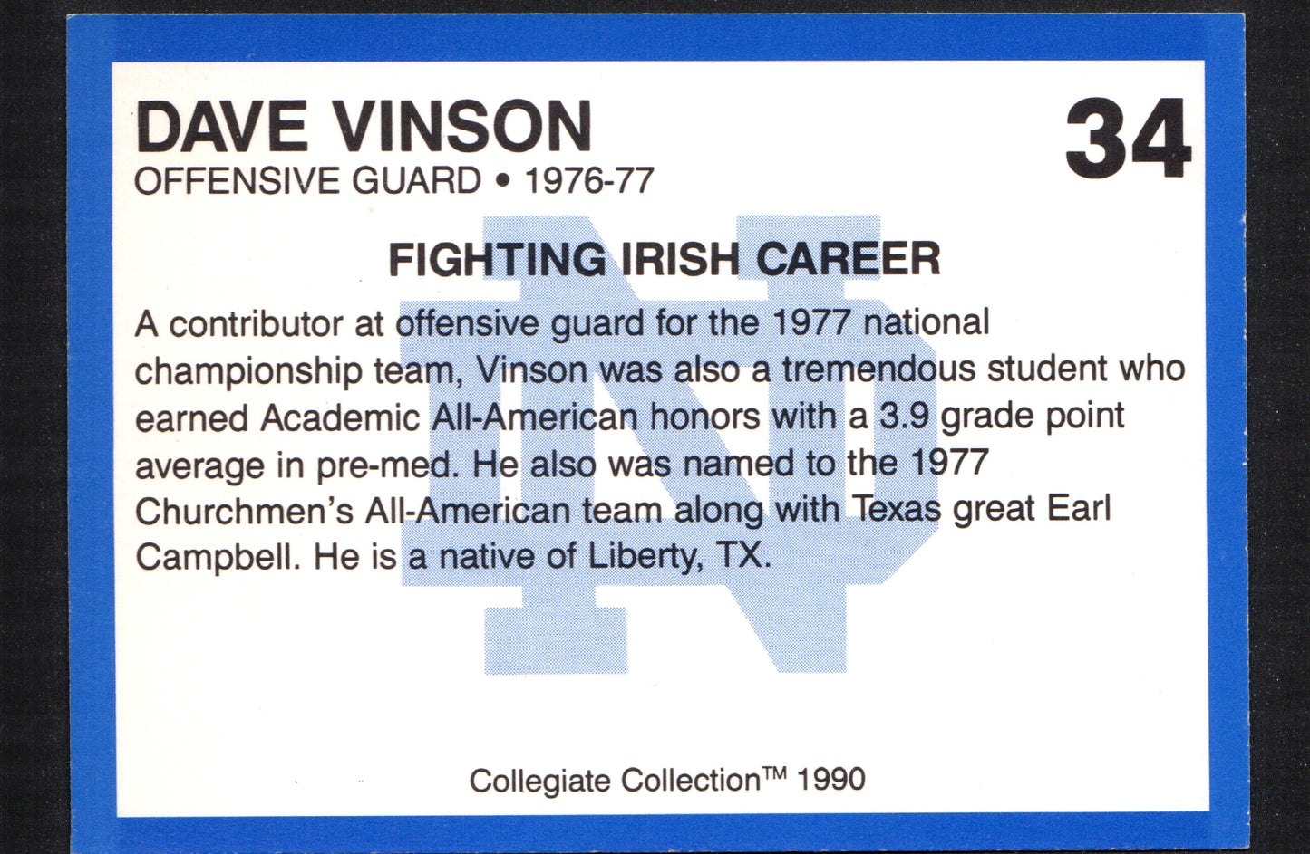 Dave Vinson Notre Dame #34 - 1990 Collegiate Collection