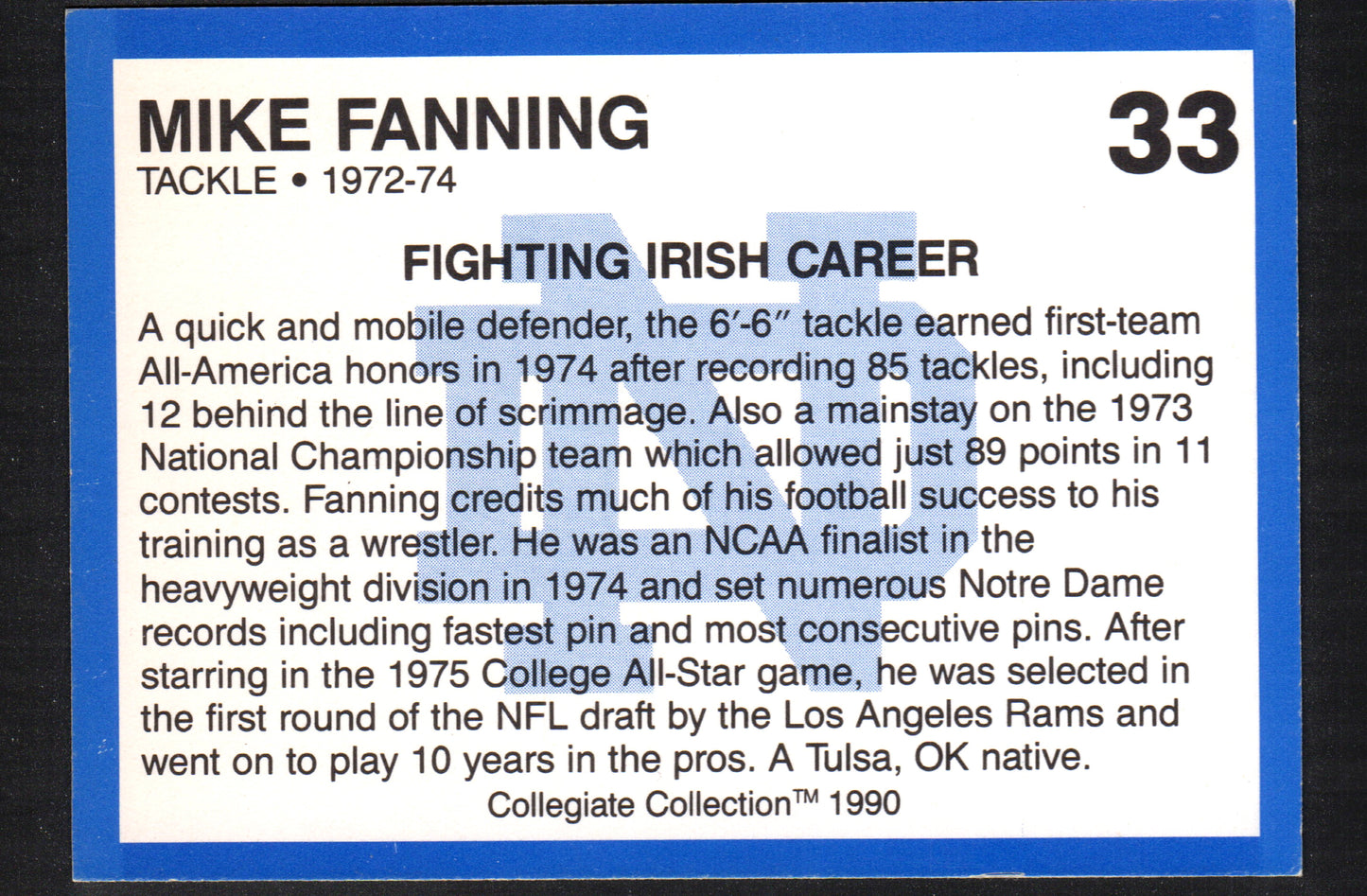 Mike Fanning Notre Dame #33 - 1990 Collegiate Collection