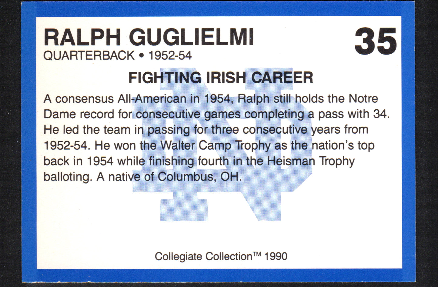 Ralph Guglielmi Notre Dame #35 - 1990 Collegiate Collection