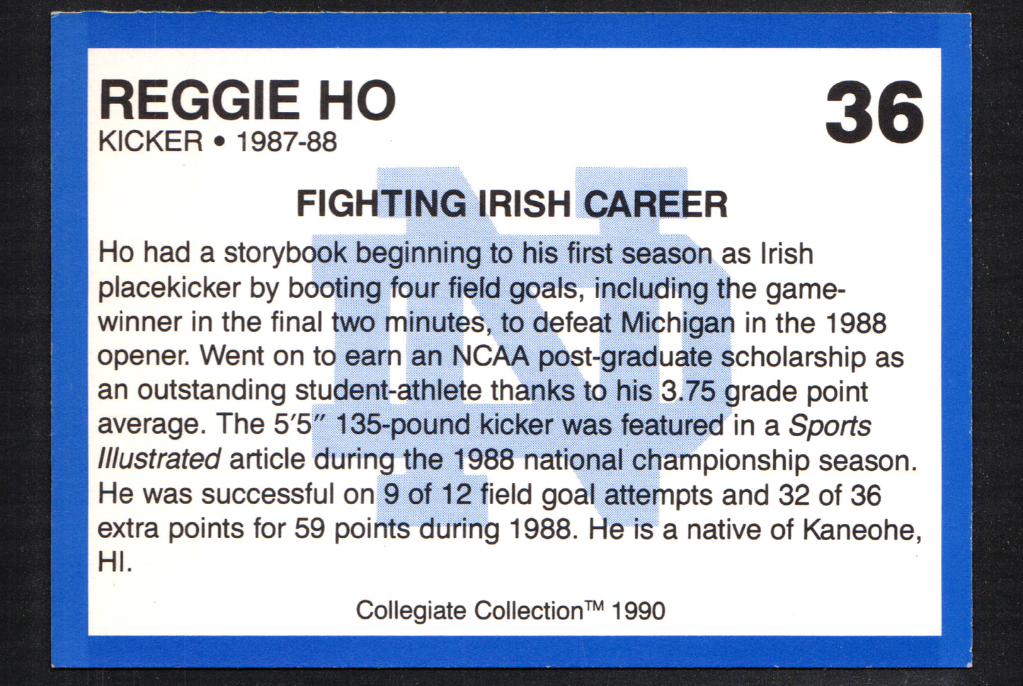 Reggie Ho Notre Dame #36 - 1990 Collegiate Collection