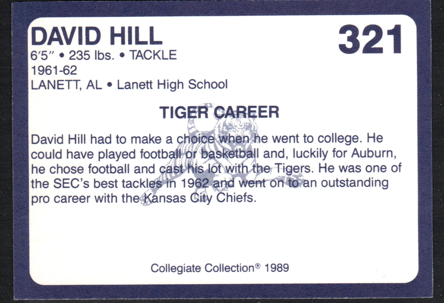 David Hill Auburn Tigers #321 - 1989 Collegiate Collection