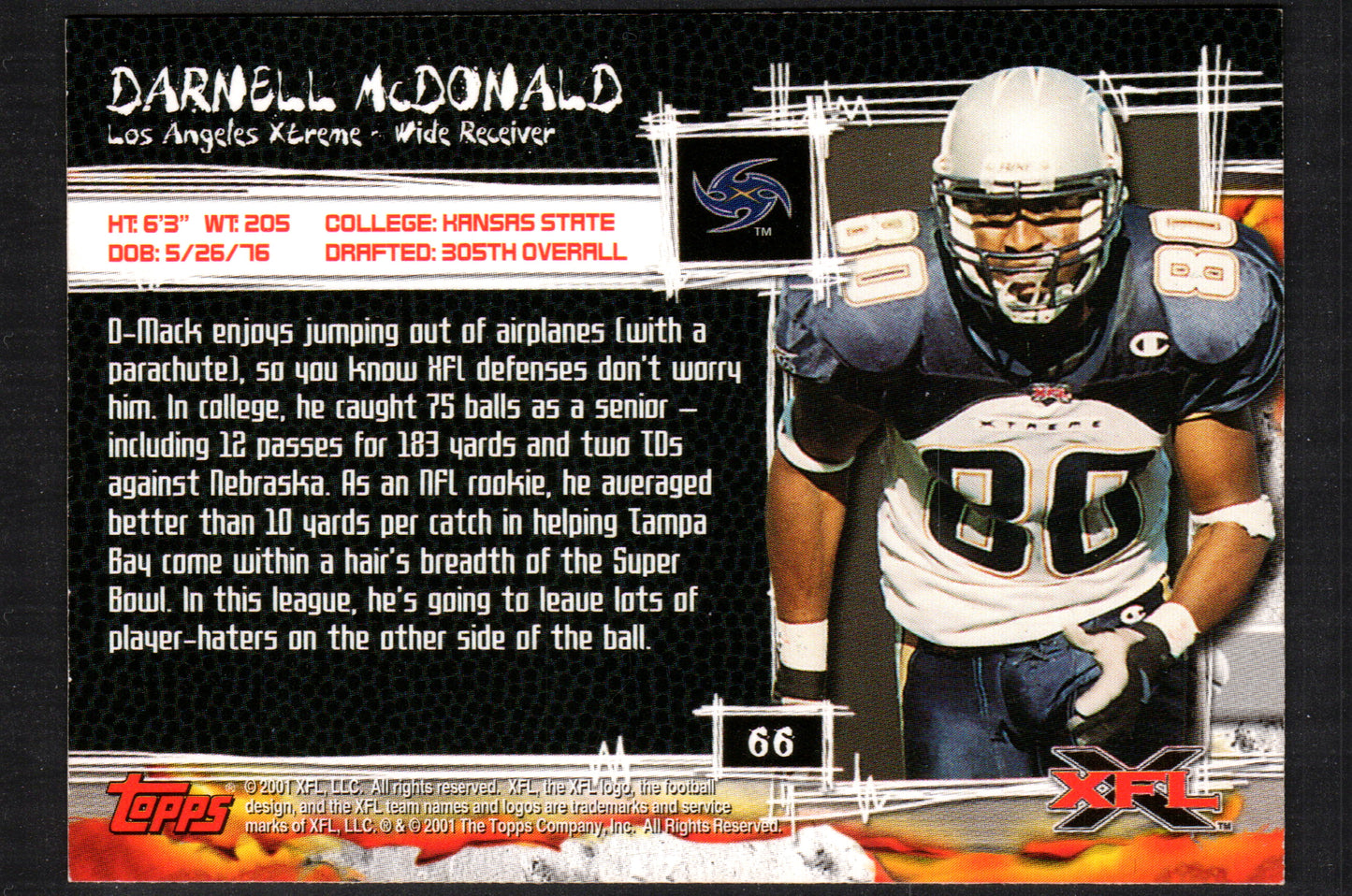 Darnell McDonald Los Angeles Xtreme #66 - 2001 Topps XFL