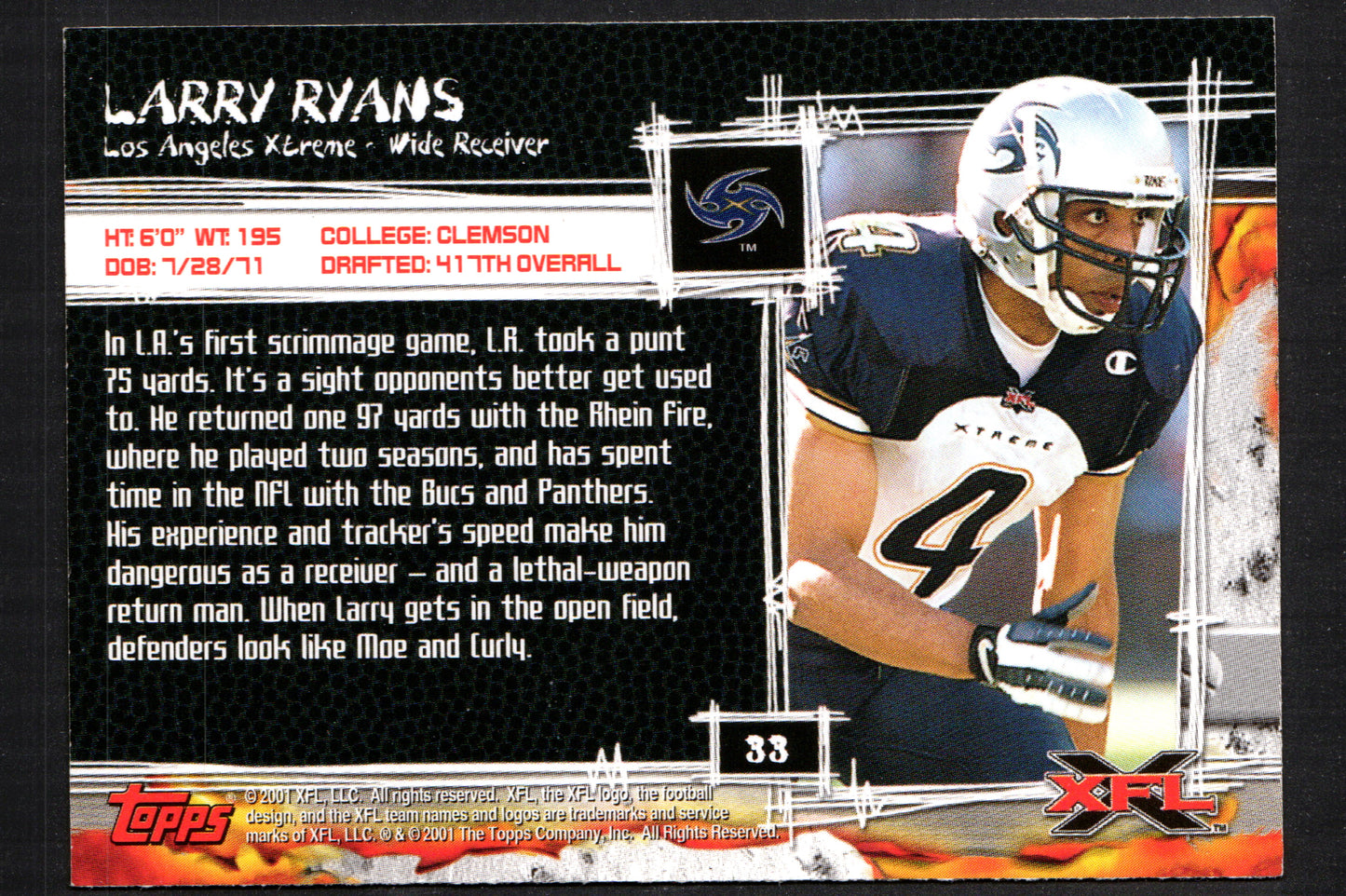 Larry Ryans Los Angeles Xtreme #33 - 2001 Topps XFL