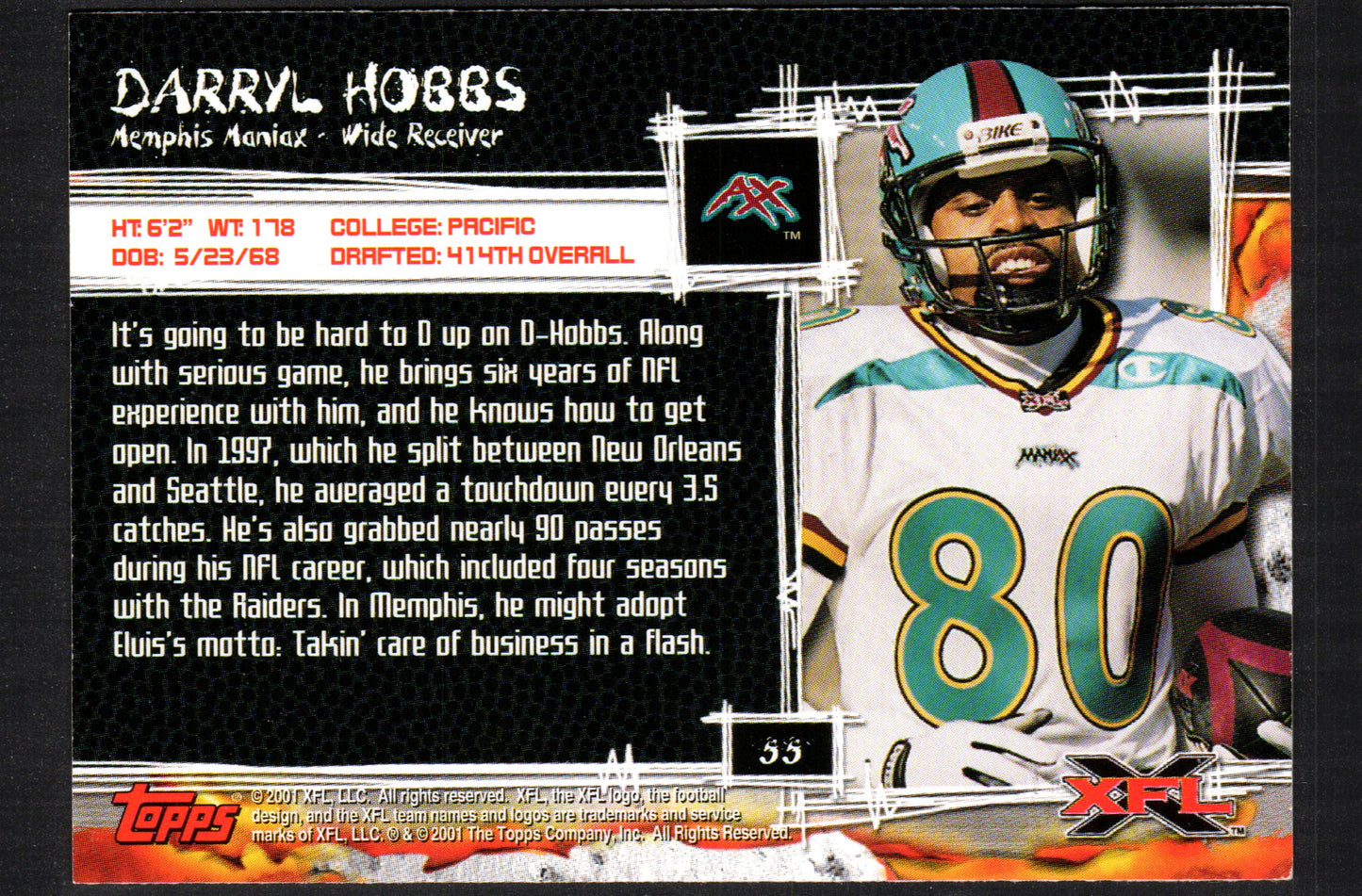 Darryl Hobbs Memphis Maniax #55 - 2001 Topps XFL