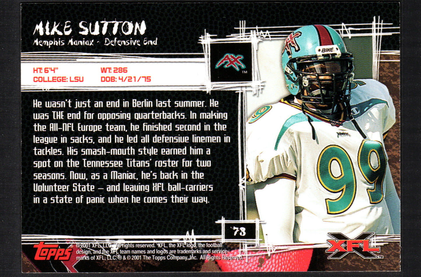 Mike Sutton Memphis Maniax #73 - 2001 Topps XFL