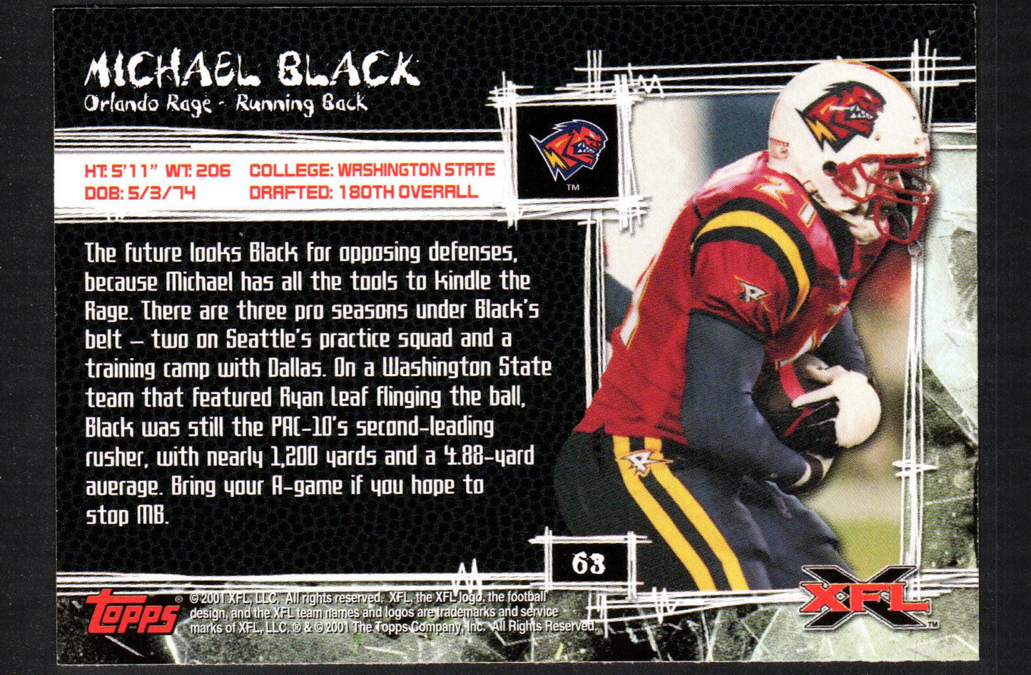 Michael Black Orlando Rage #63 - 2001 Topps XFL