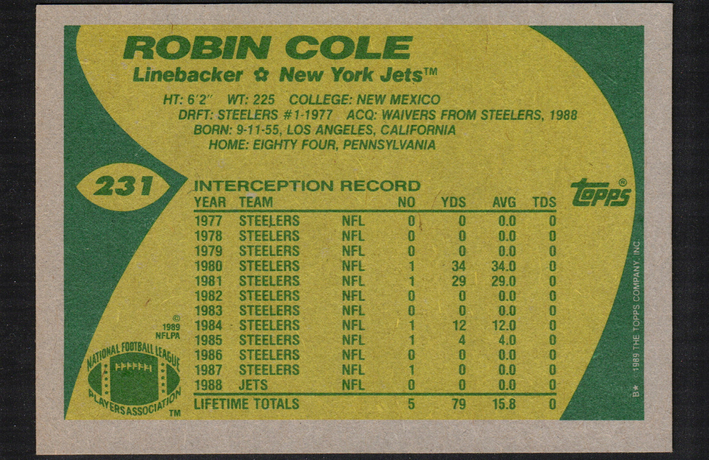 Robin Cole New York Jets #231 - 1989 Topps