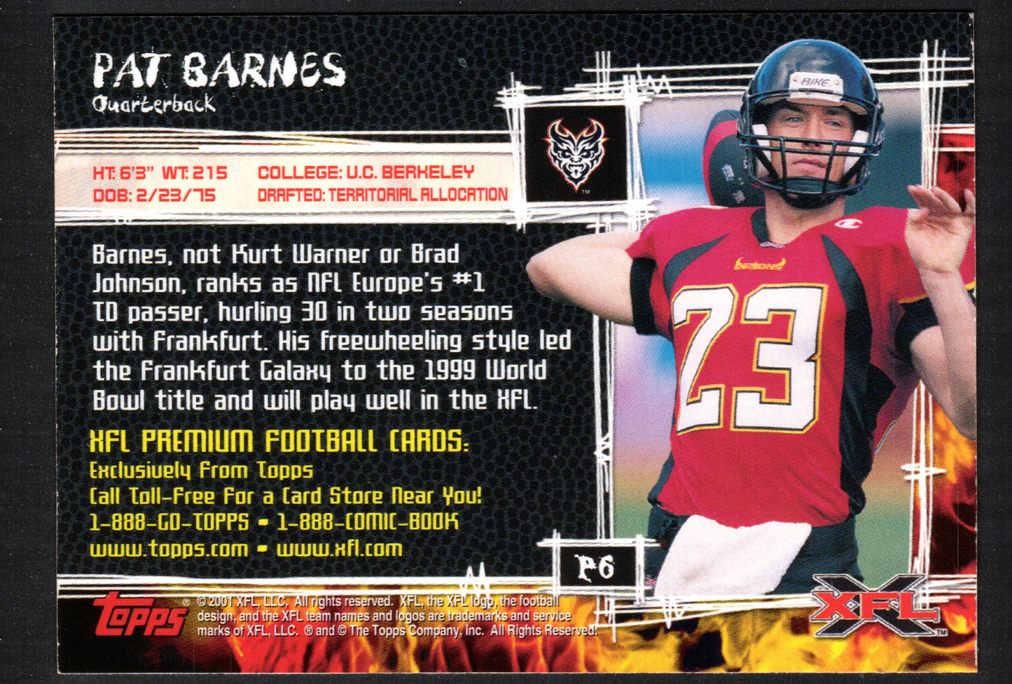 Pat Barnes San Francisco Demons #P6 - 2001 Topps XFL