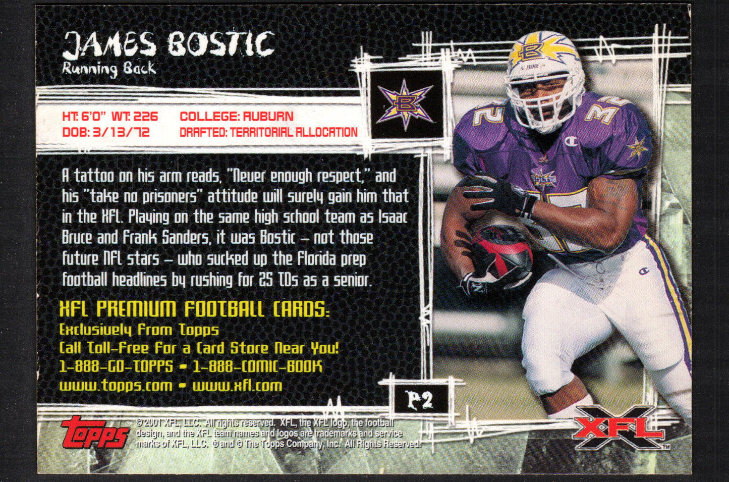 James Bostic Birmingham Thunderbolts #P2 - 2001 Topps XFL