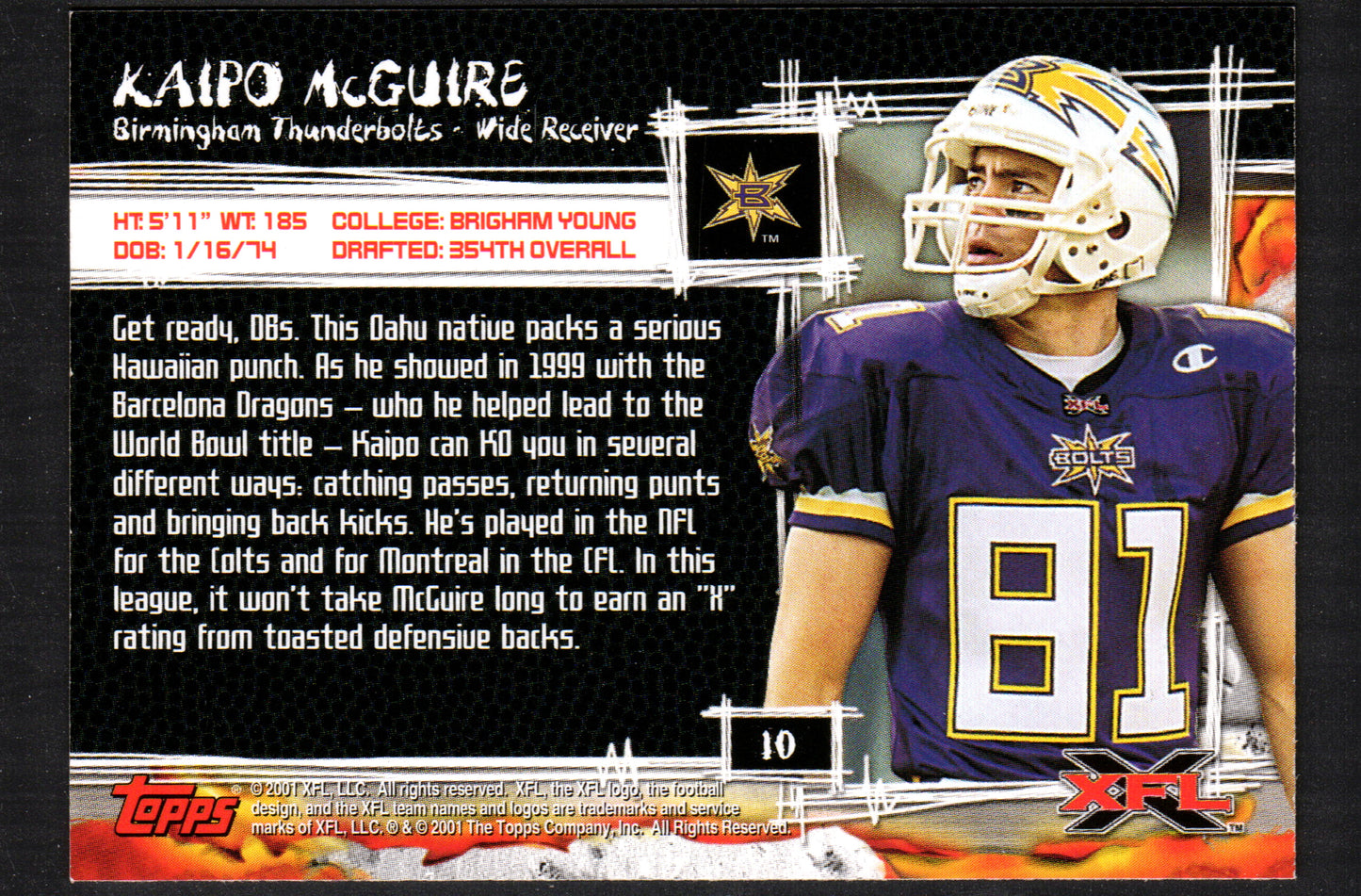 Kaipo McGuire Birmingham Thunderbolts #10 - 2001 Topps XFL