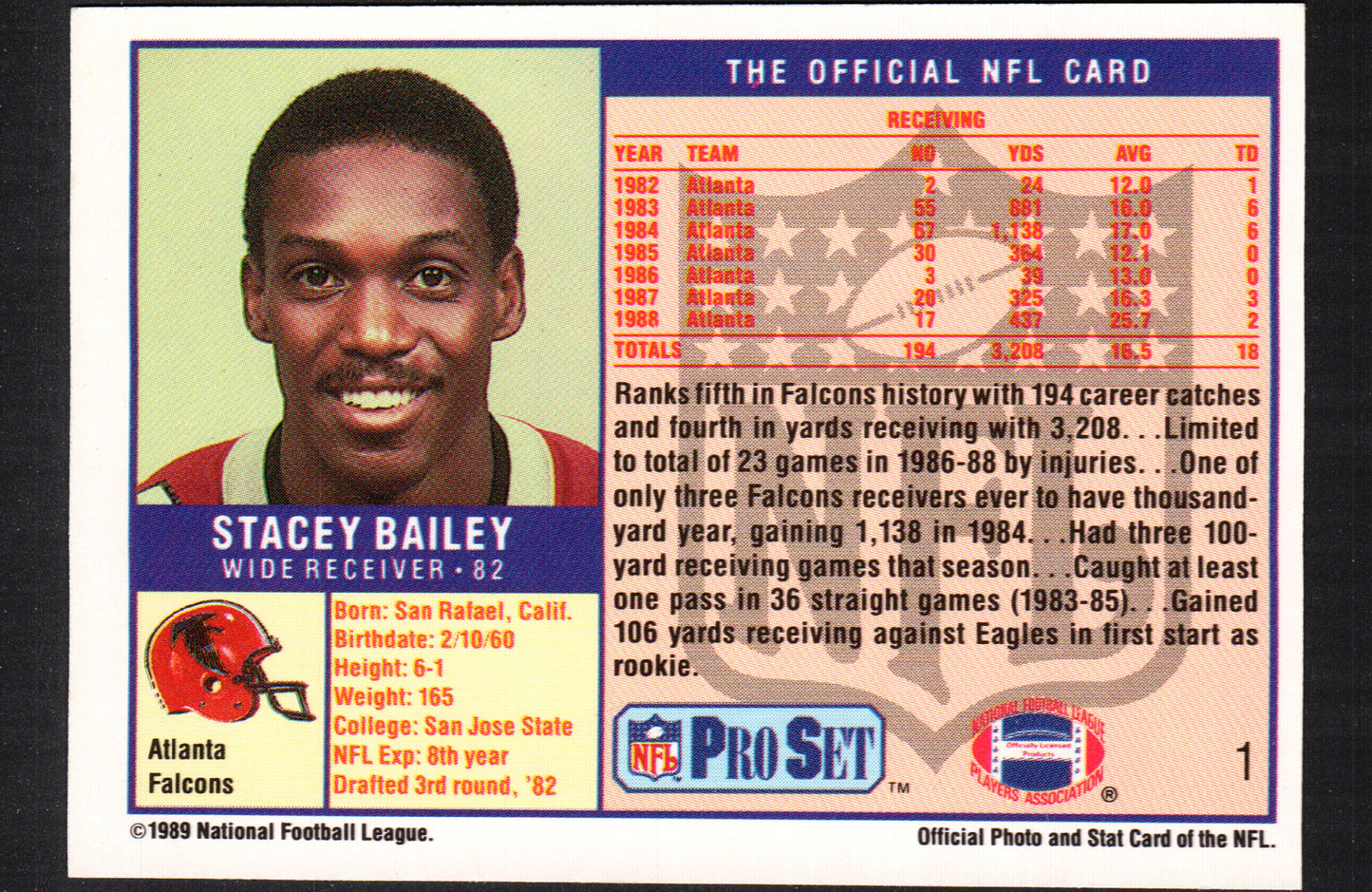 Stacey Bailey Atlanta Falcons #1 - 1989 Pro Set