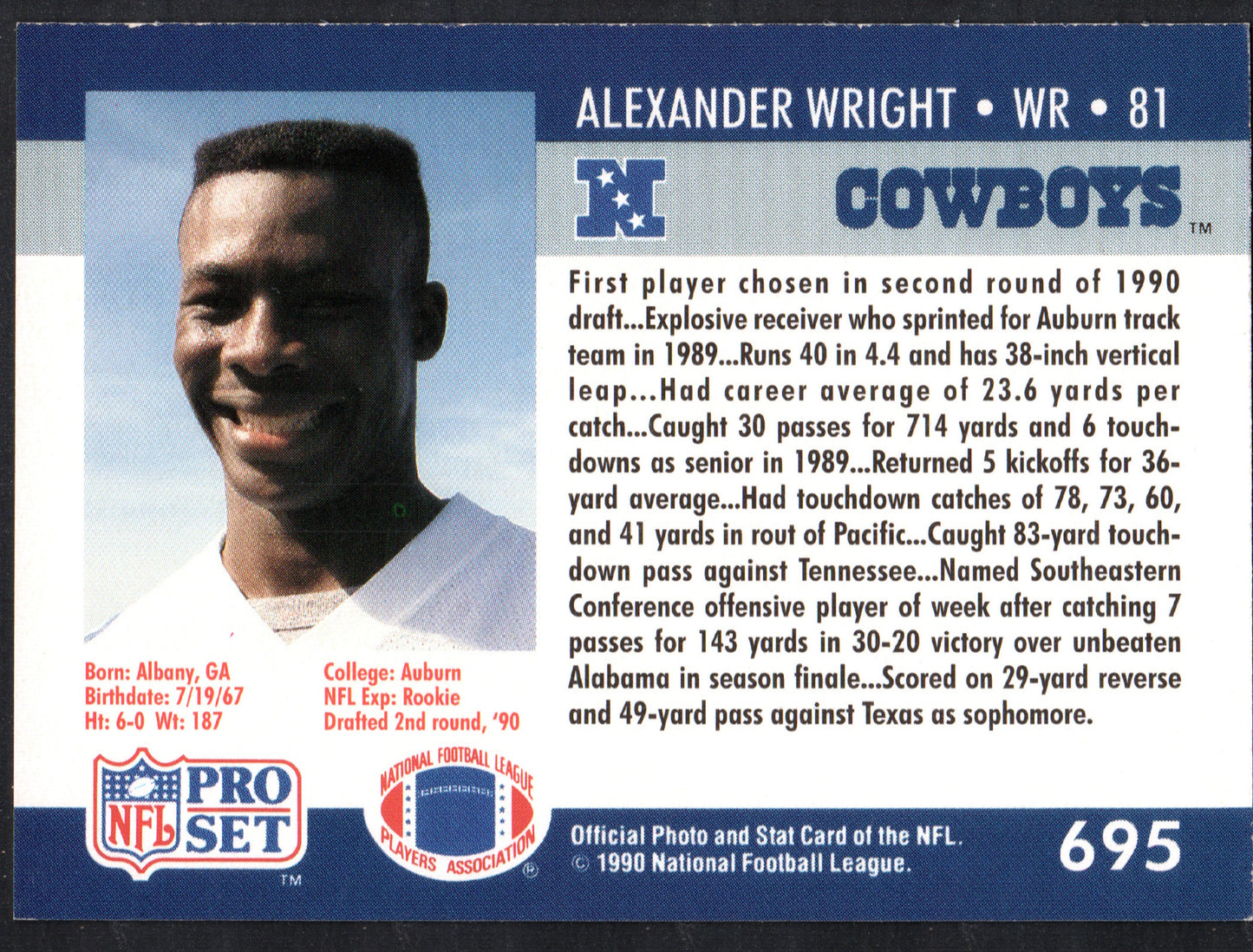 Alexander Wright Dallas Cowboys #695 - 1990 Pro Set