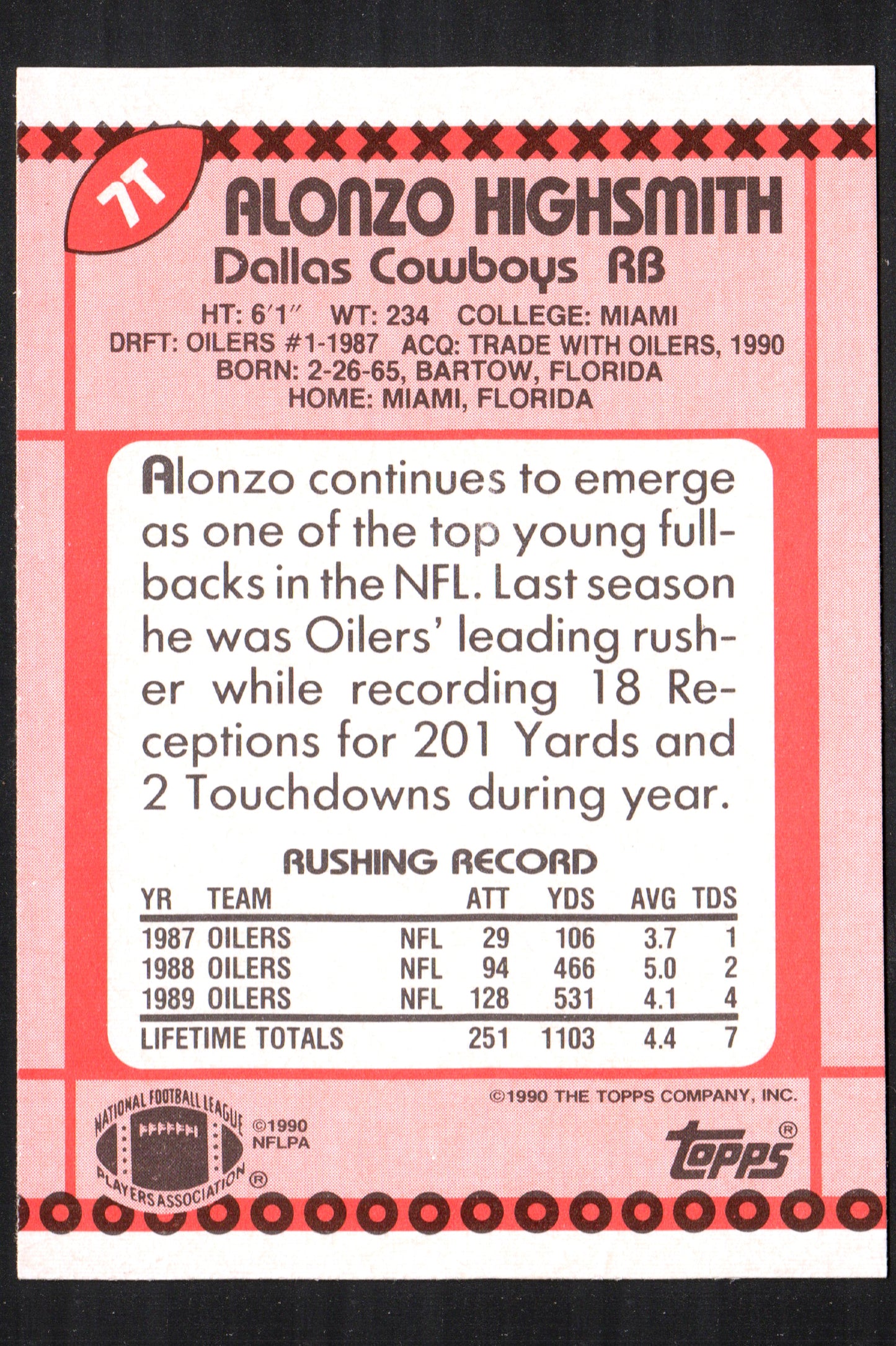 Alonzo Highsmith Dallas Cowboys #7T - 1990 Topps