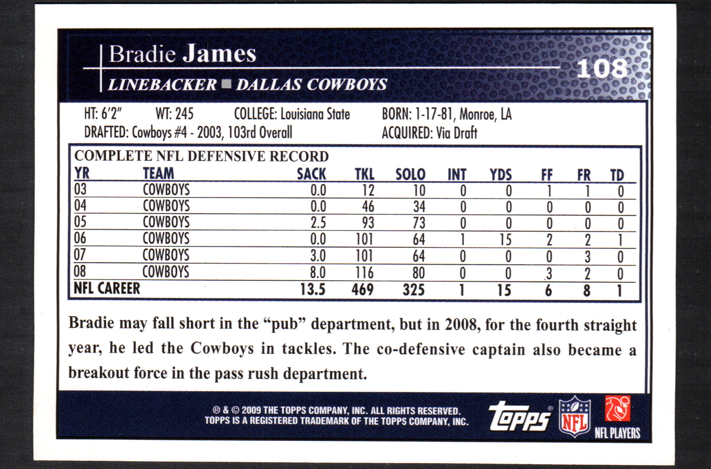 Bradie James Dallas Cowboys #108 - 2009 Topps