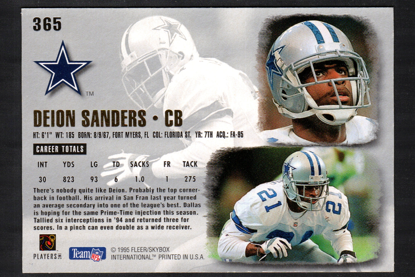 Deion Sanders Dallas Cowboys #365 - 1995 Fleer Ultra Extra