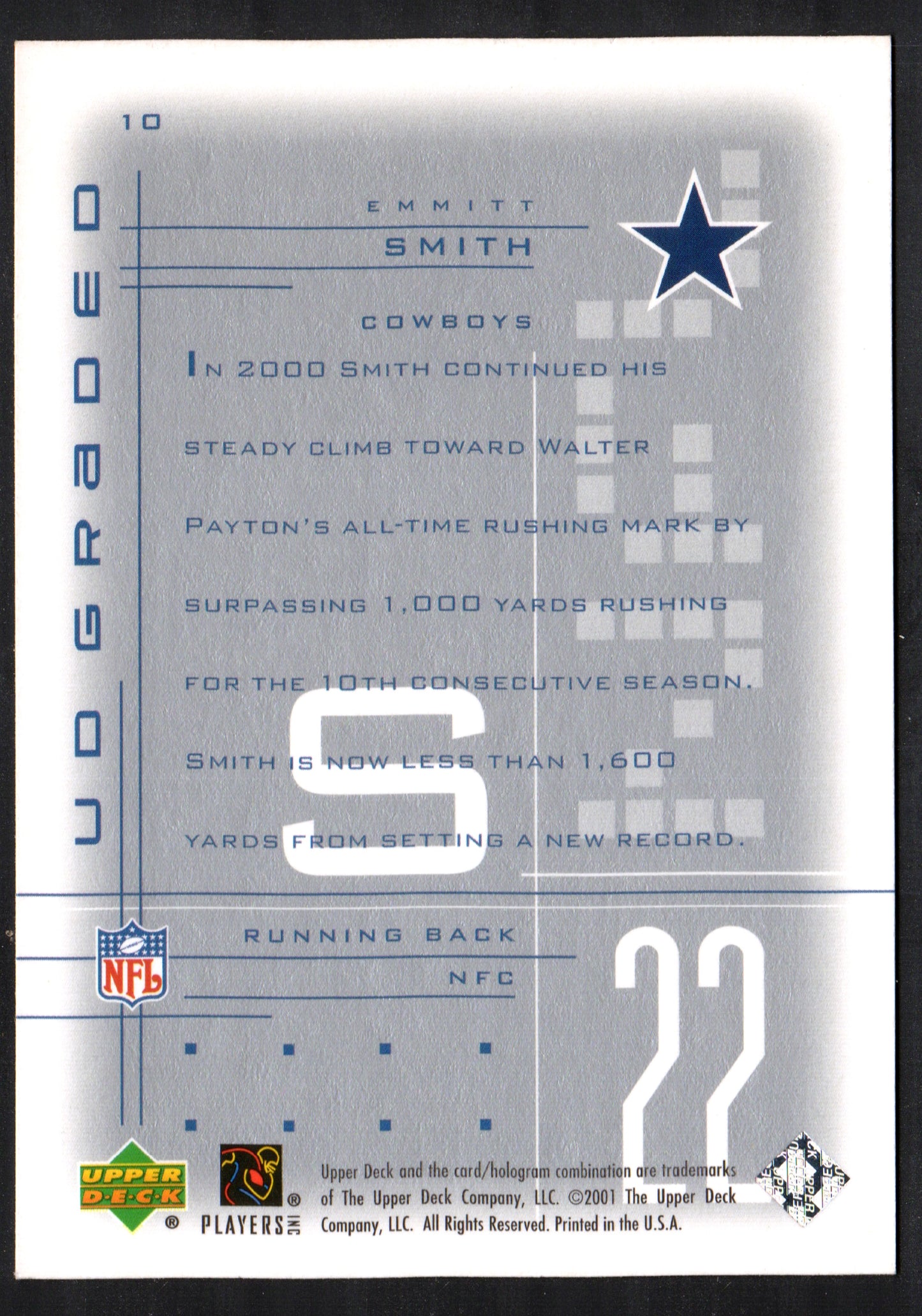 Emmitt Smith Dallas Cowboys #10 - 2001 Upper Deck UD Graded