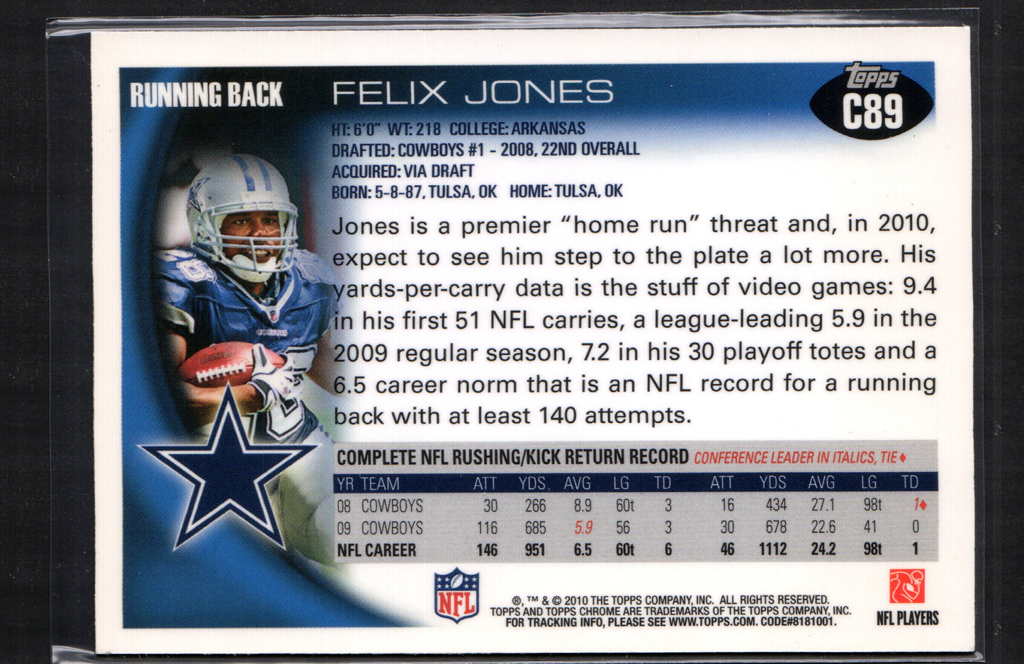 Felix Jones Dallas Cowboys #C89 - 2010 Topps Chrome