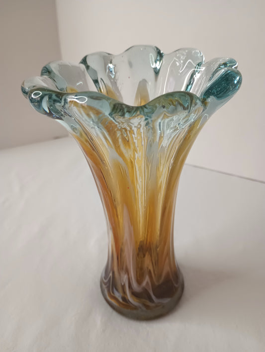 Rare Vintage Murano Amber Blue Italian Art Glass Vase