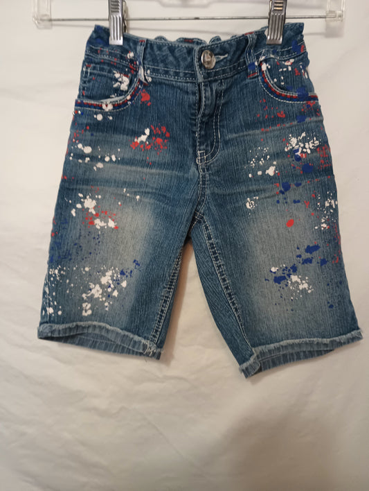 SO Girls Adjustable Waist Blue Jean Shorts with Red, White, & Blue speckled paint and Rhinestones Size 12