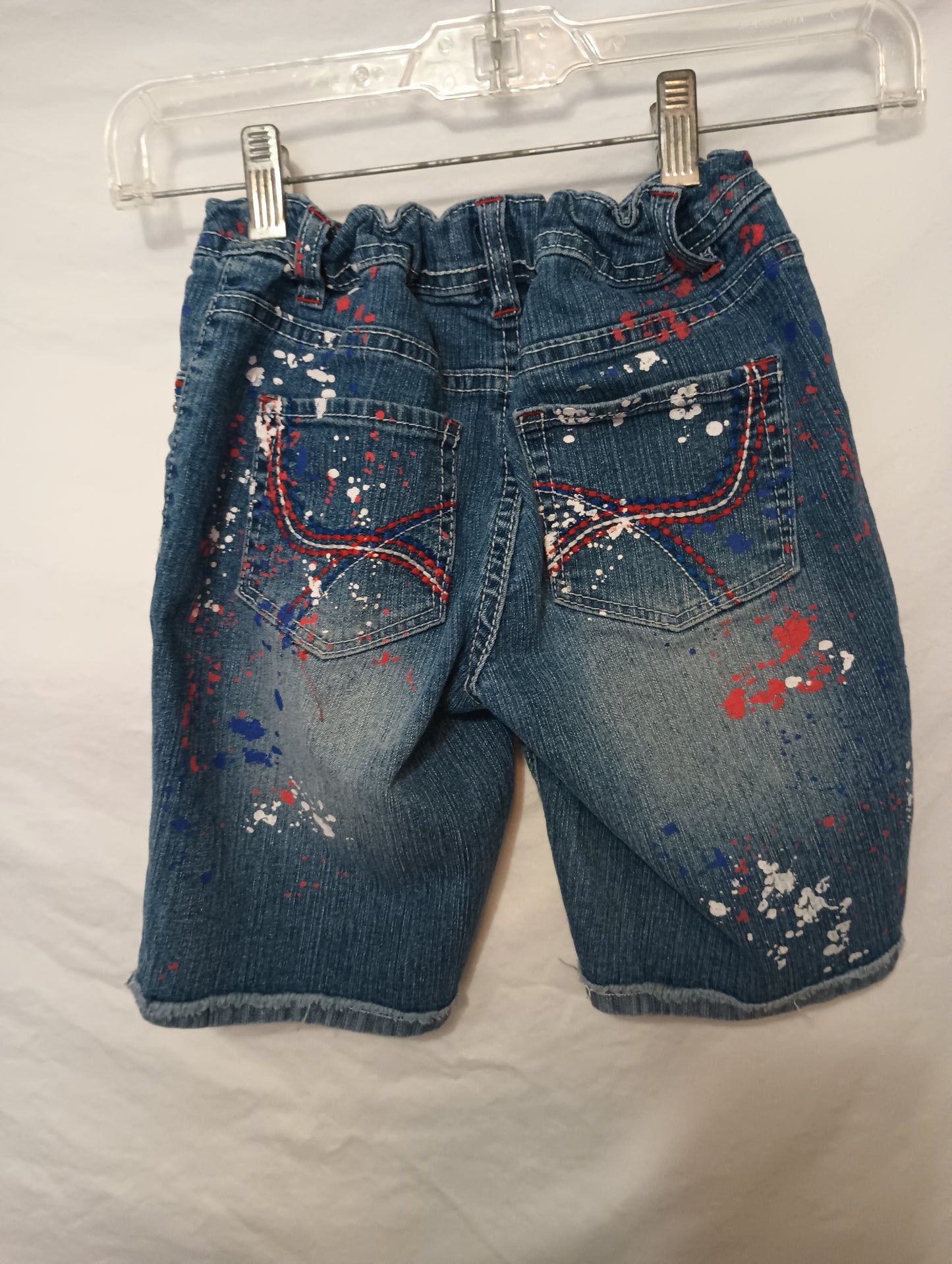 SO Girls Adjustable Waist Blue Jean Shorts with Red, White, & Blue speckled paint and Rhinestones Size 12