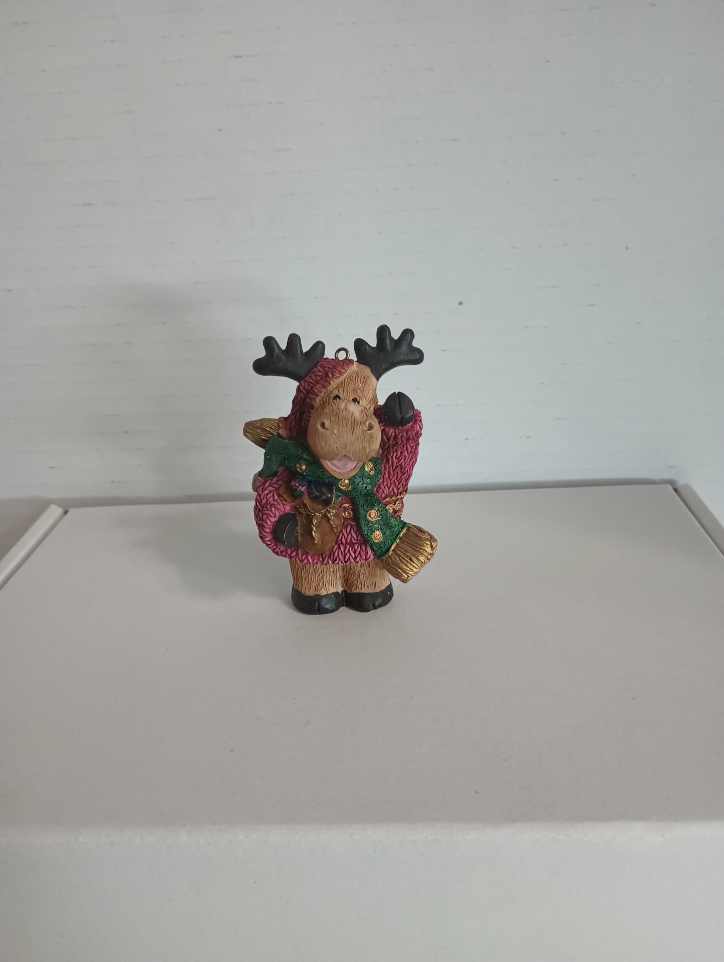 Resin Moose wearing a scarf Christmas Ornament 3"